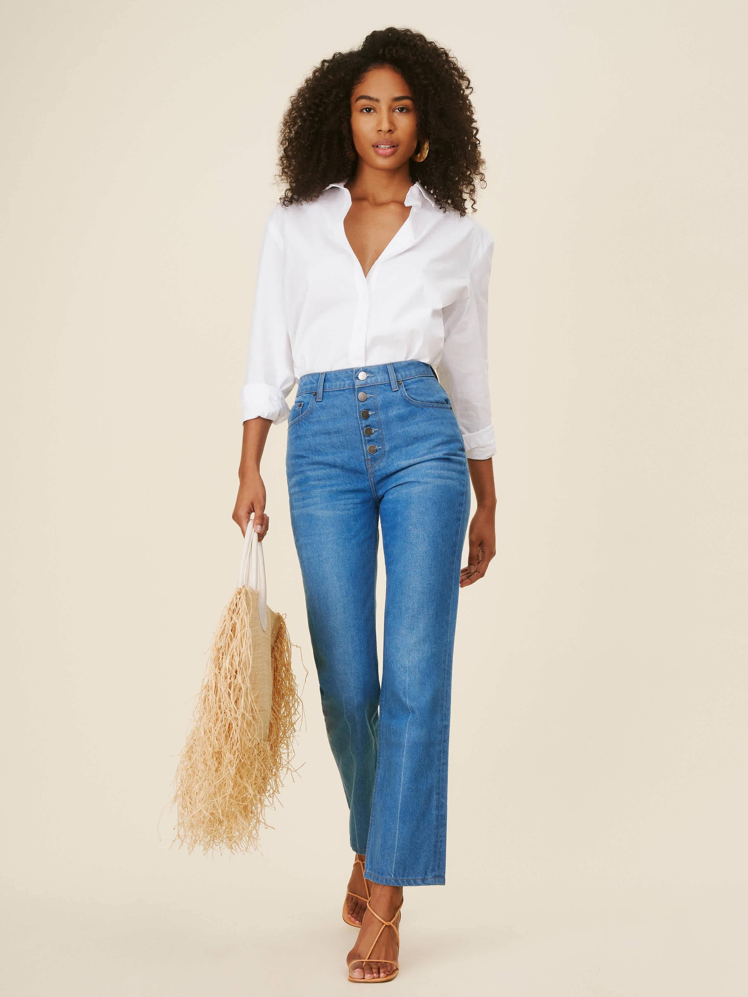 Reformation Cynthia Button Fly High Rise Straight Jeans Blue 29