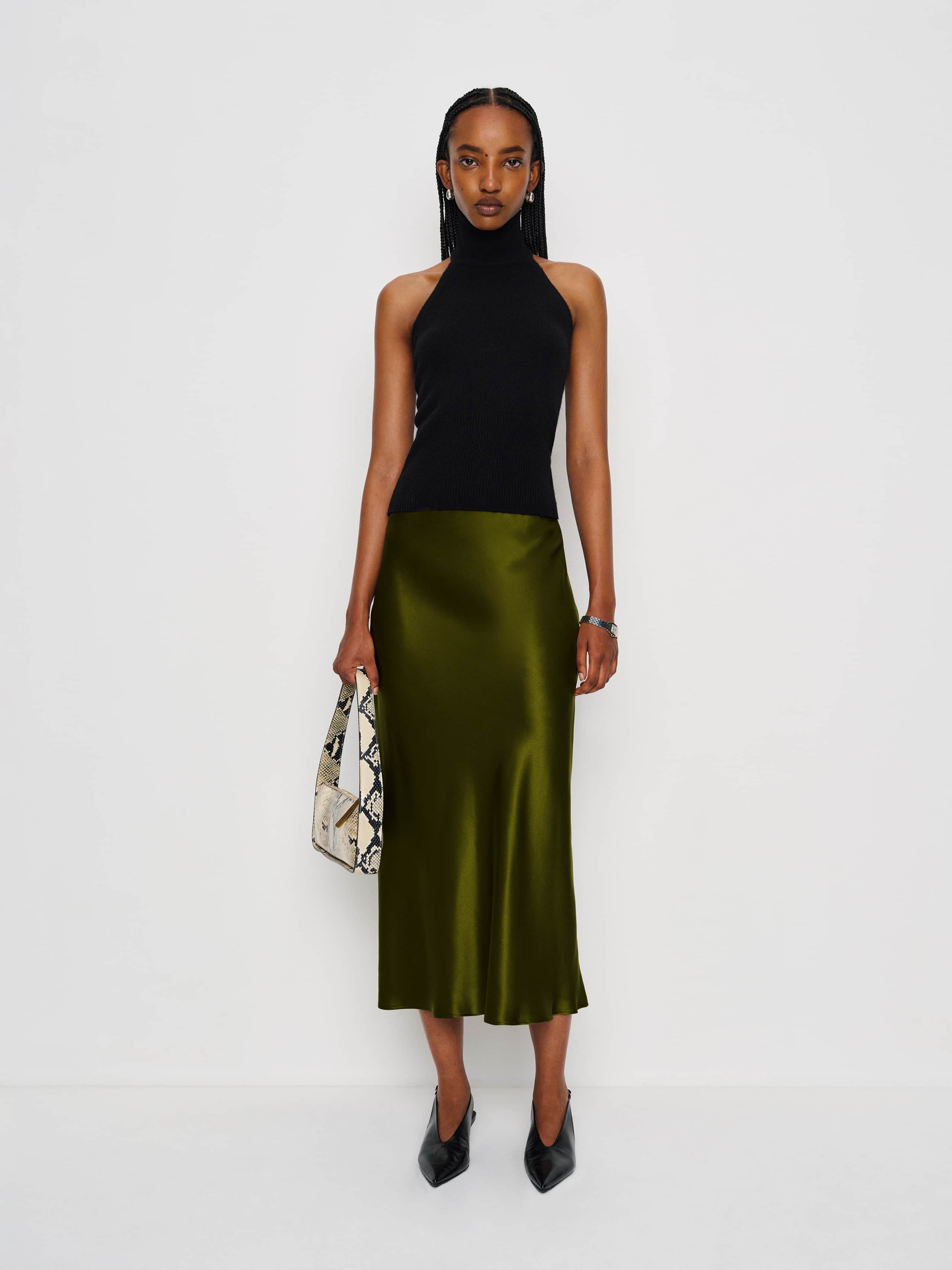 Reformation Layla Silk Skirt Green 0