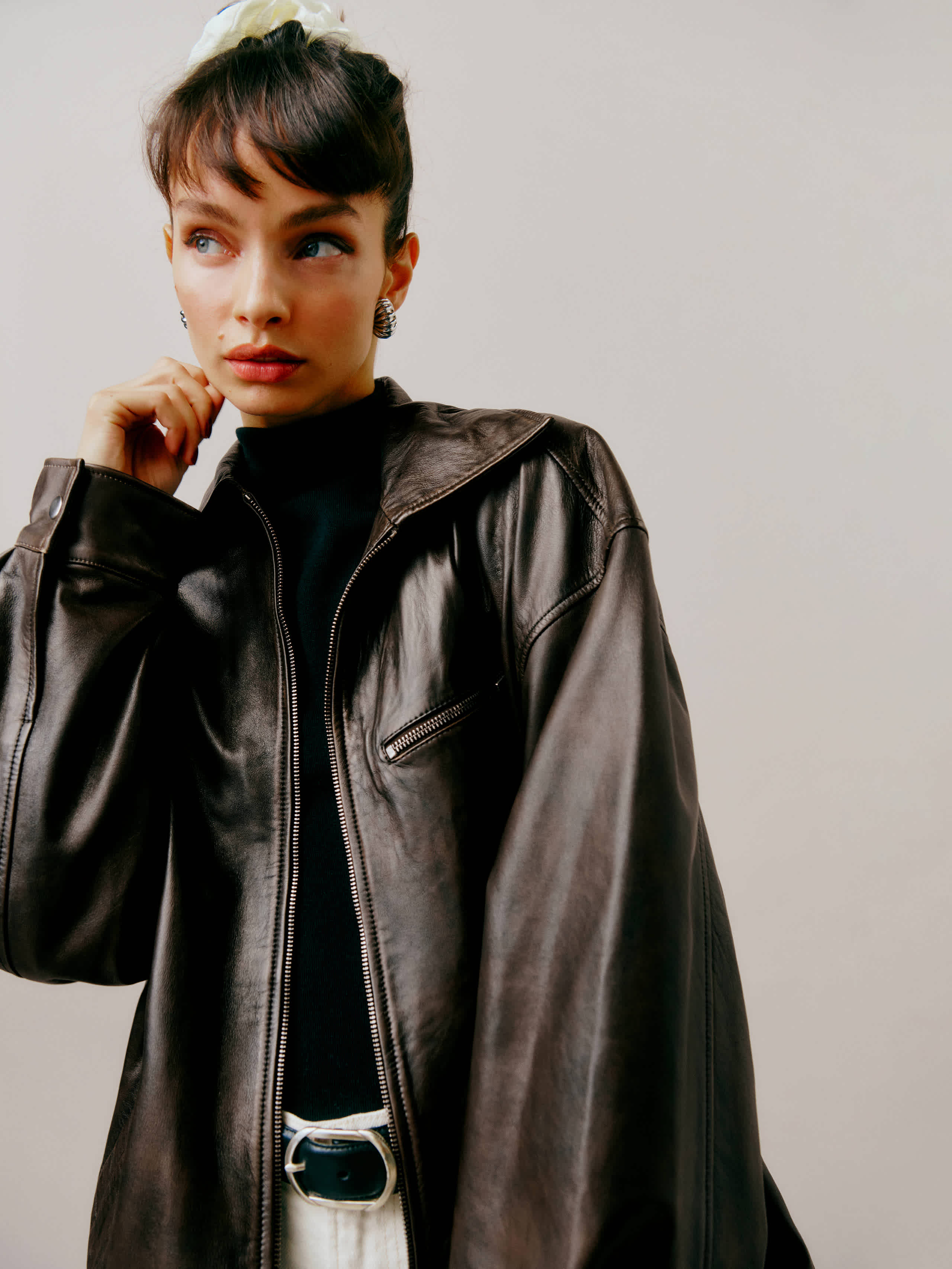Veda Marco Leather Oversized Bomber Brown Xl
