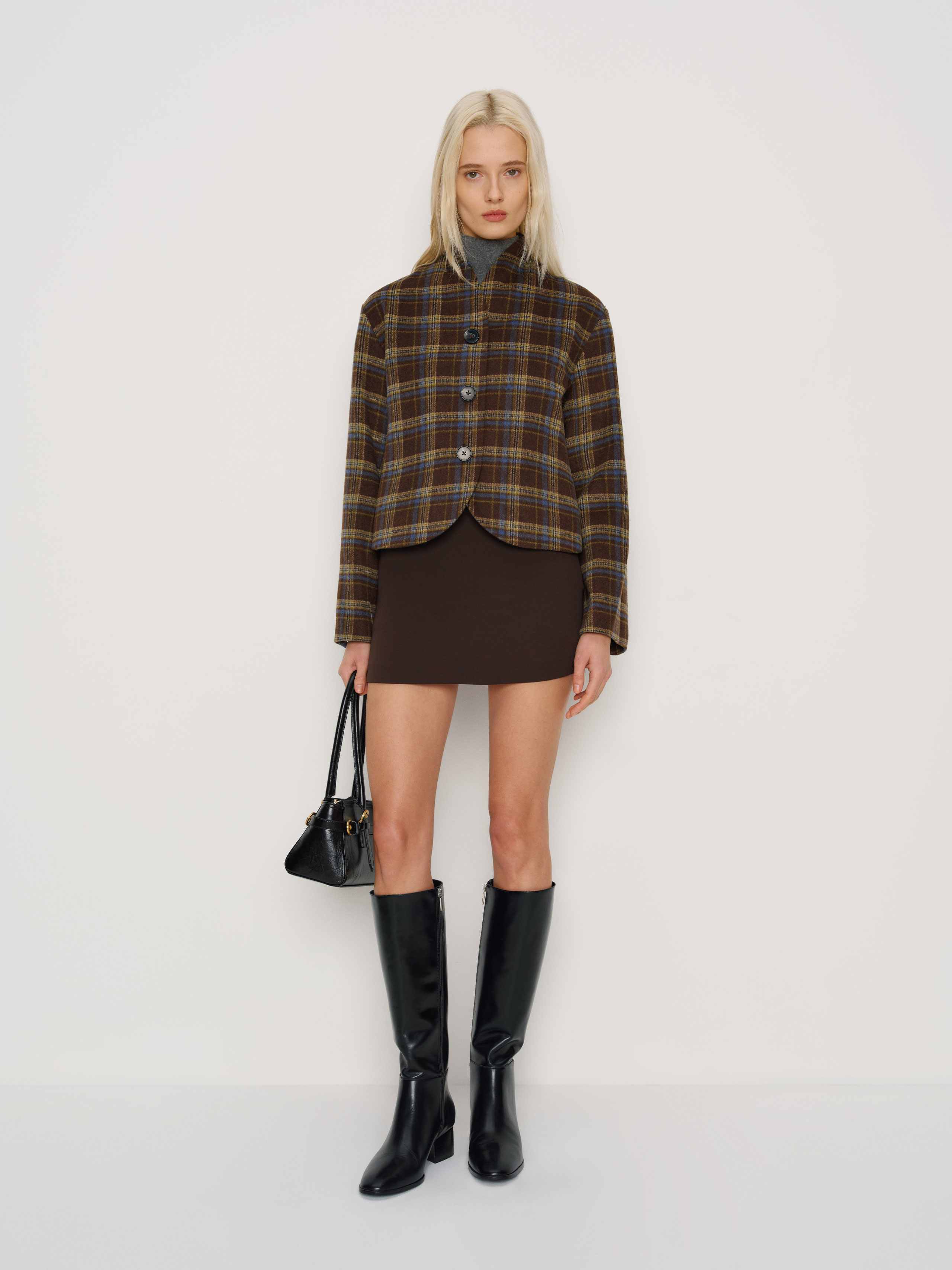 Reformation Owen Jacket Brown Plaid Xxs In Black
