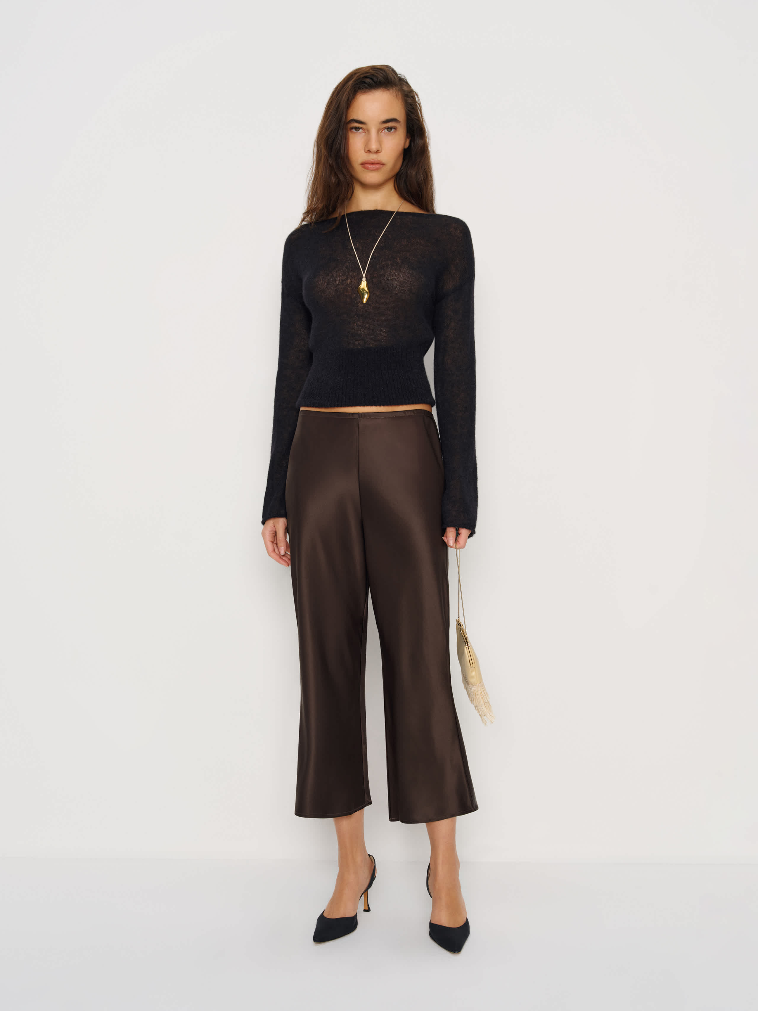 Reformation Gale Satin Mid Rise Capri Pant Brown Xs