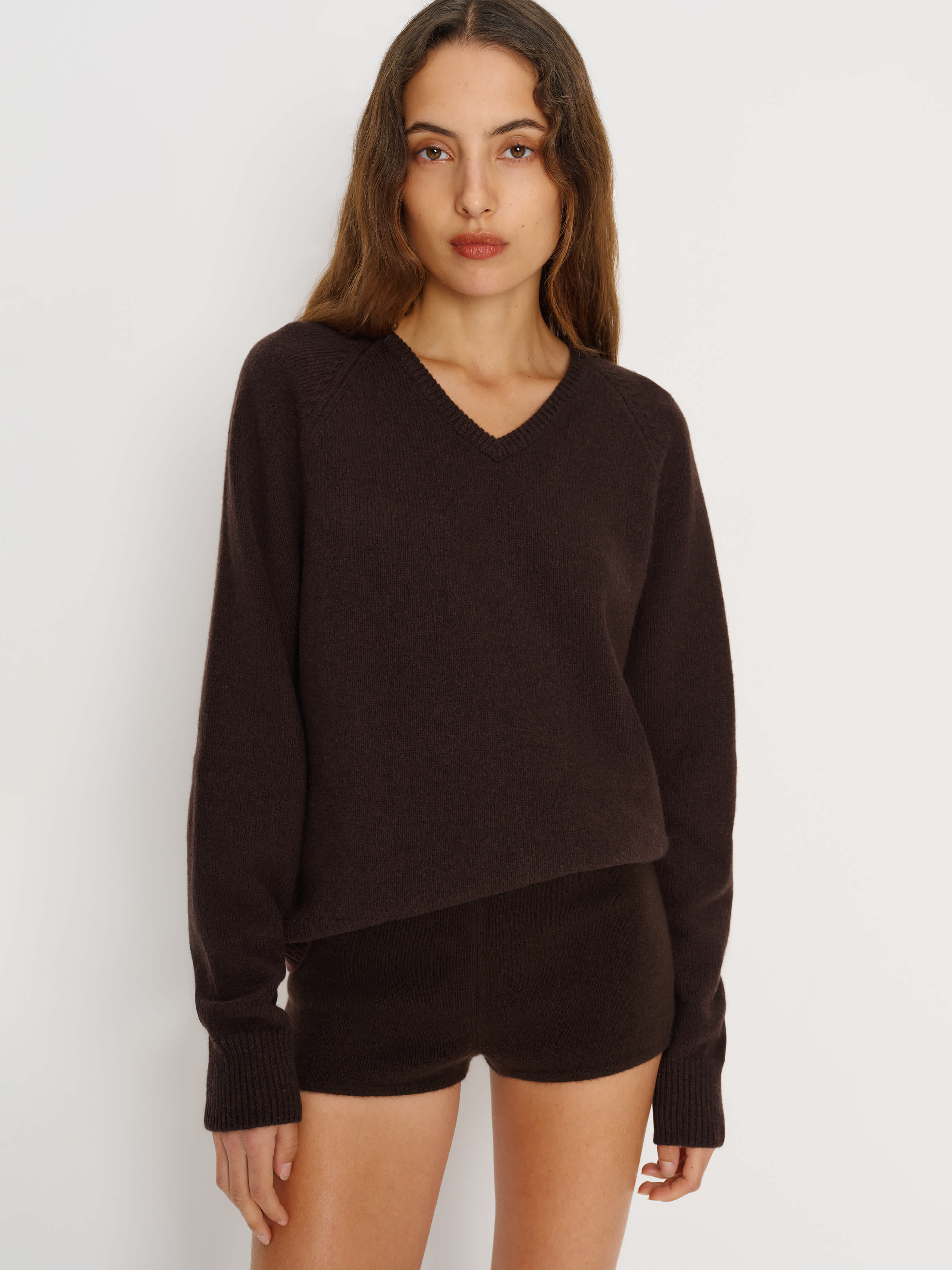 Reformation Walton Cashmere V-neck Brown Xl In Blue