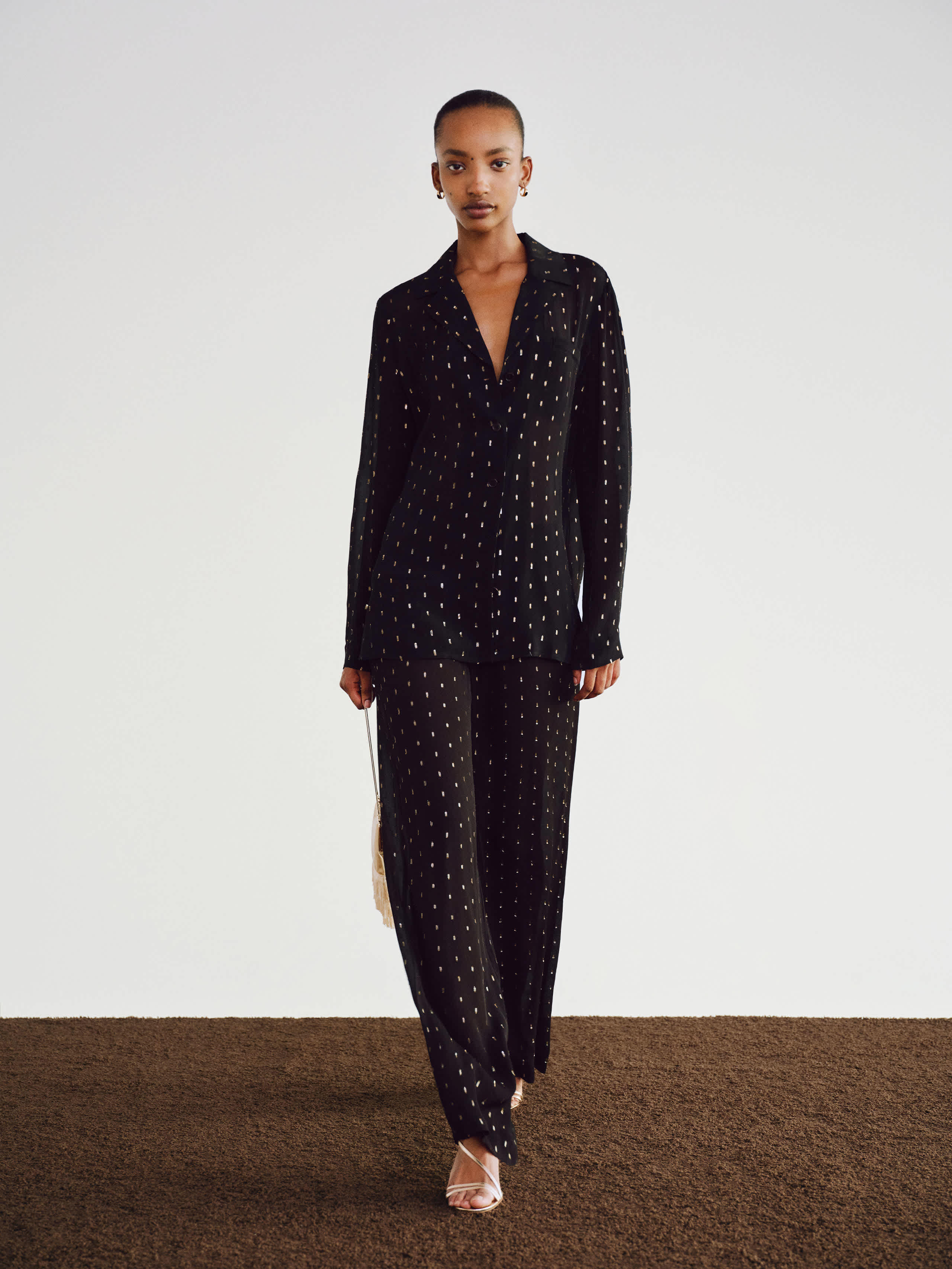 Reformation Ella Silk Pajama Set Black/gold Medium