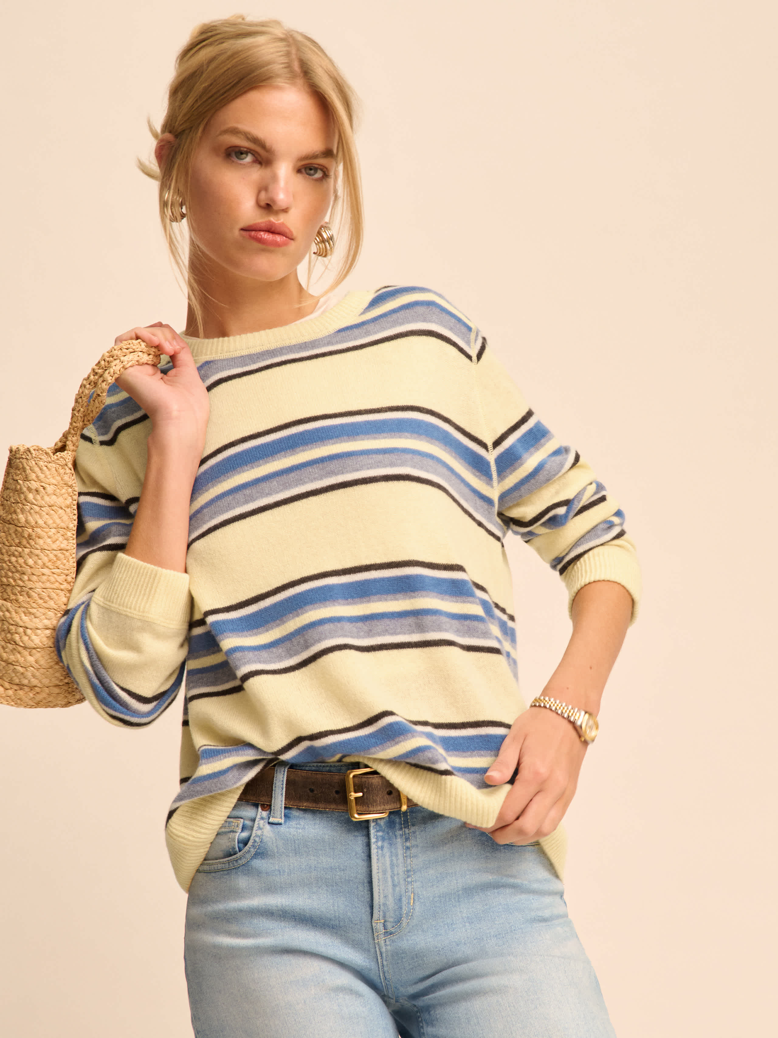 Reformation Cashmere Boyfriend Sweater In Parmesan Multi Stripe
