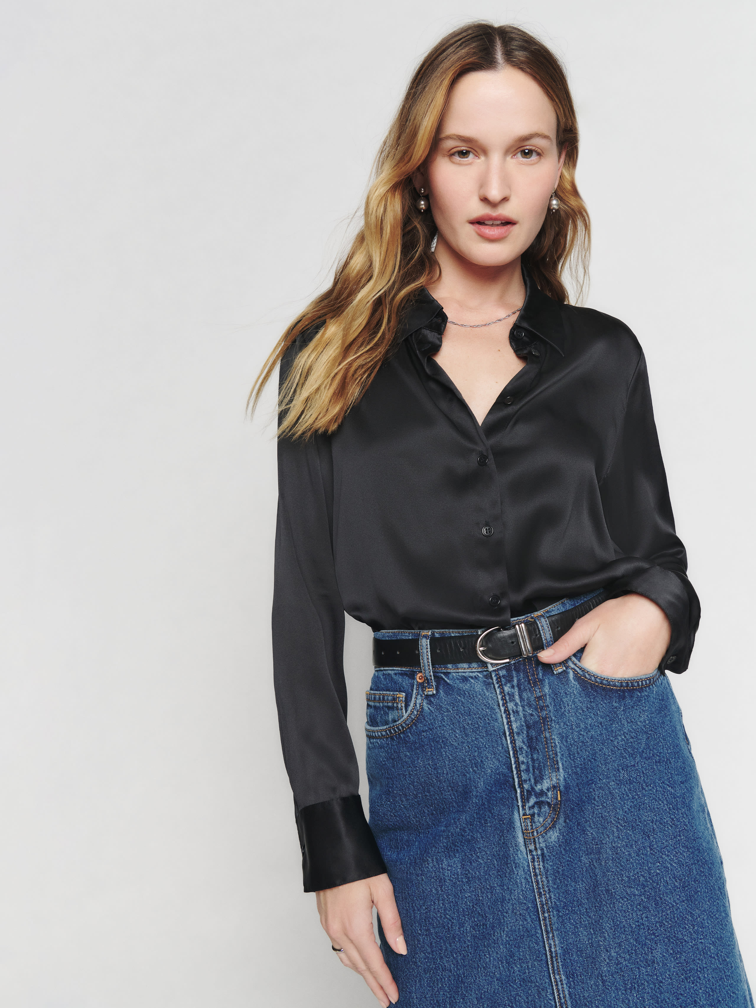 Reformation Sky Relaxed Silk Top In Black