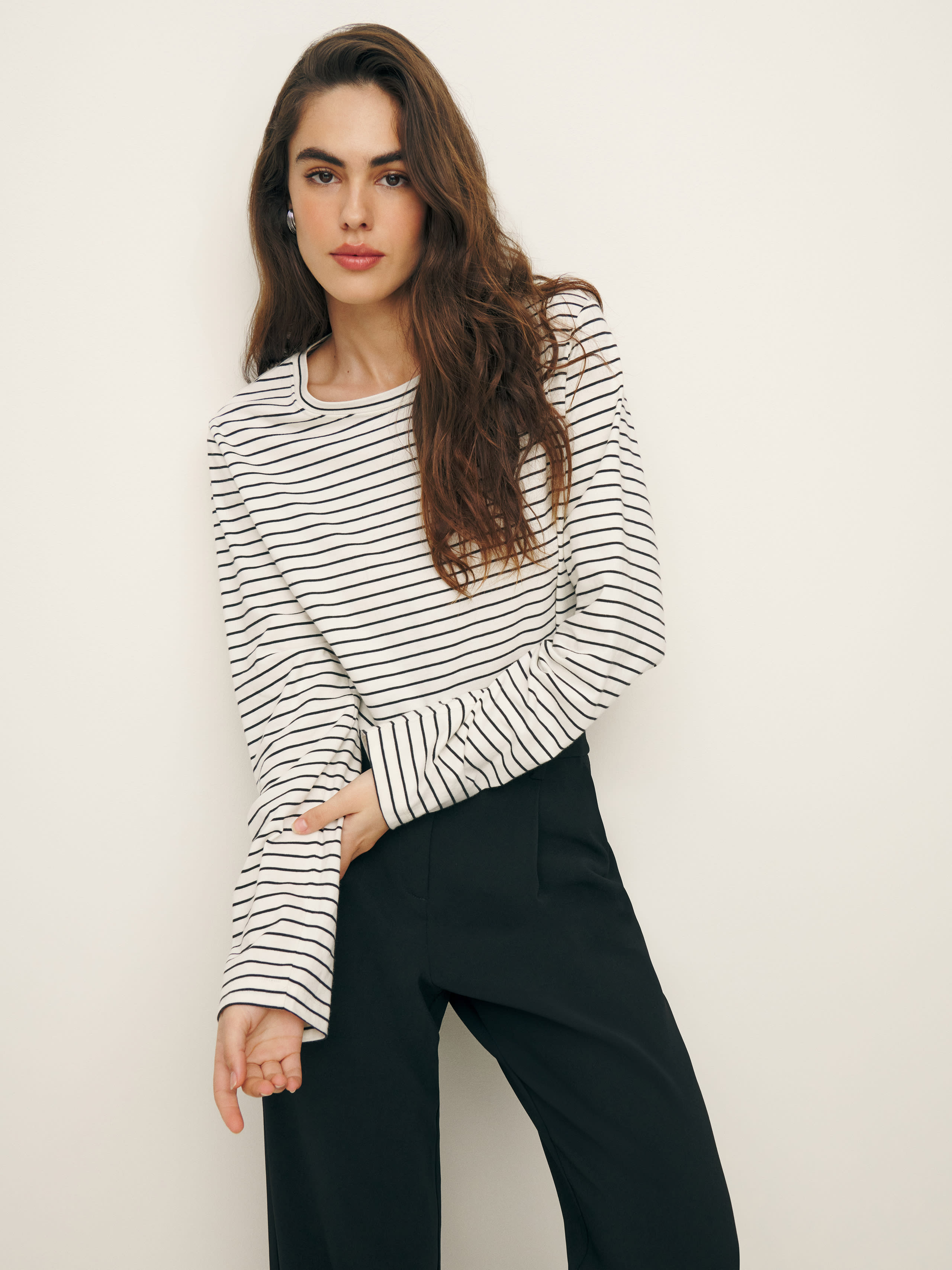 Reformation Becca Relaxed Long Sleeve Cropped Tee In Black And White Stripe