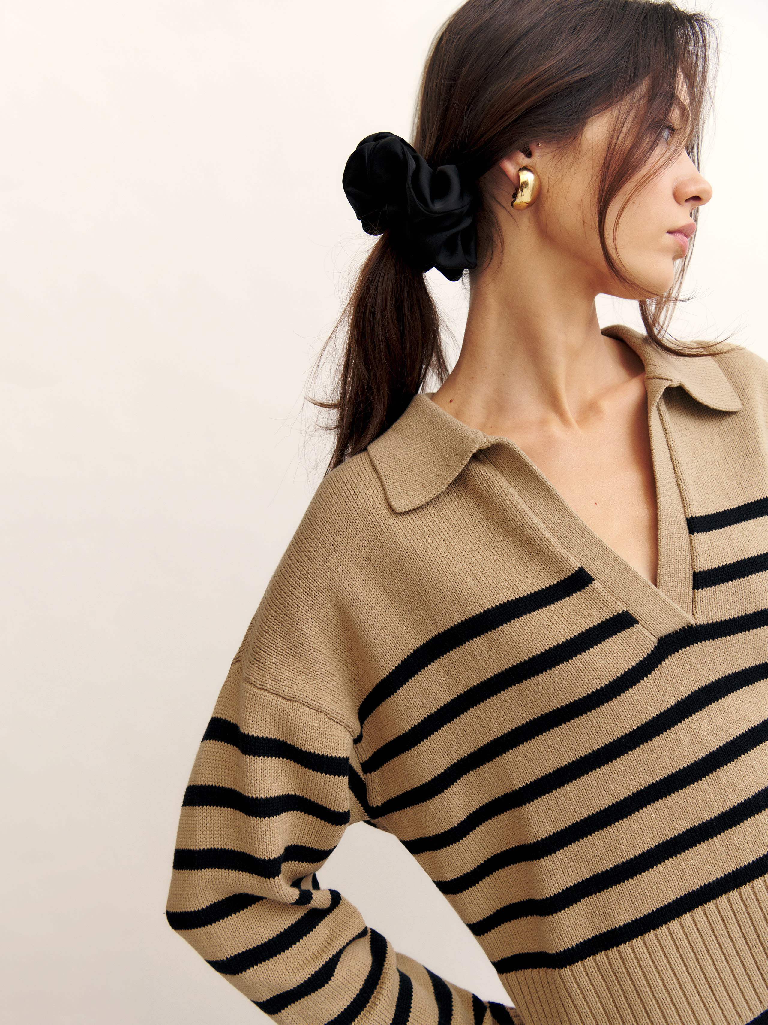 Reformation Francesco Cotton Polo Sweater In Bear With Black Stripe