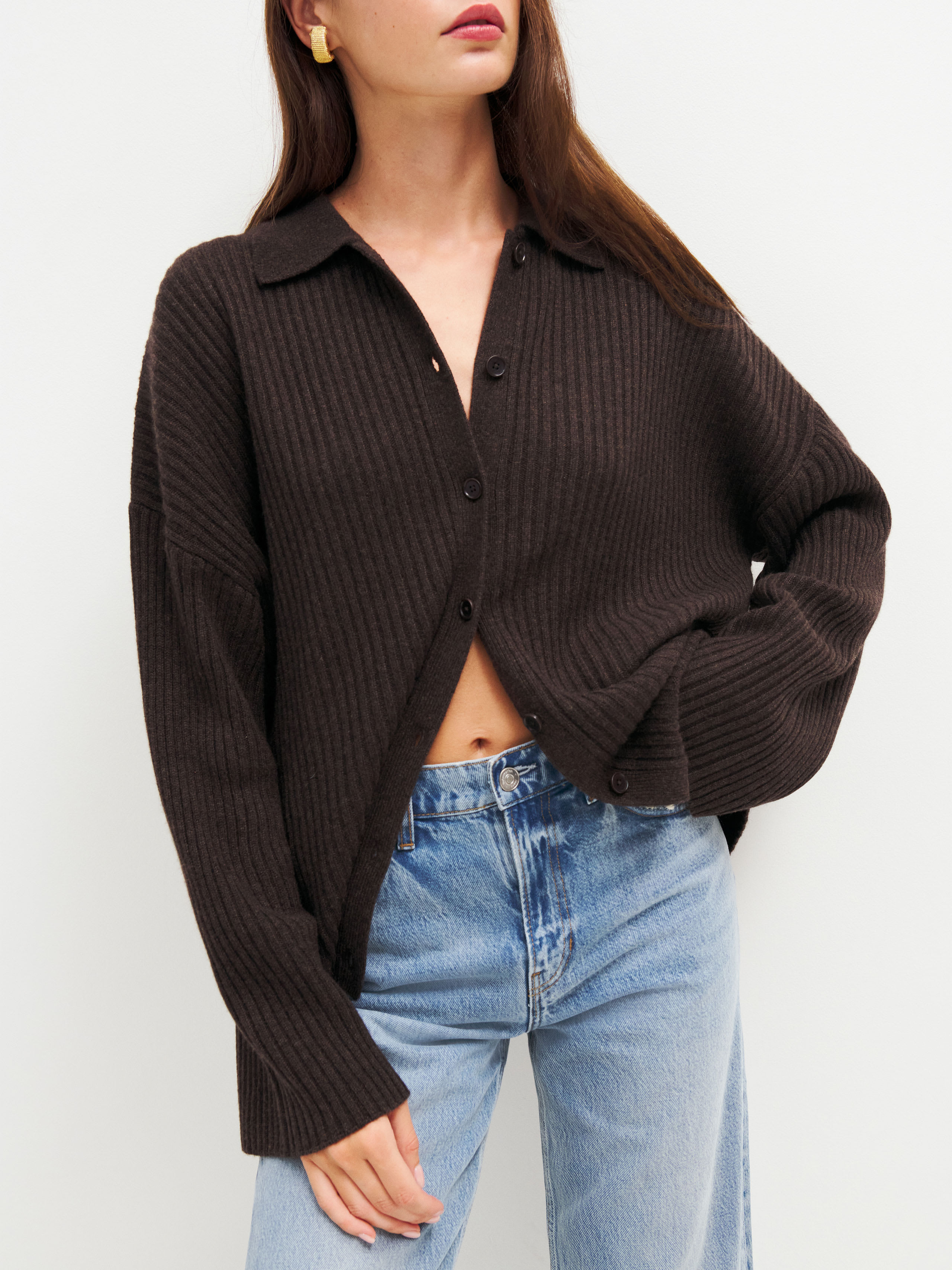 Shop Reformation Fantino Cashmere Collared Cardigan In Compost