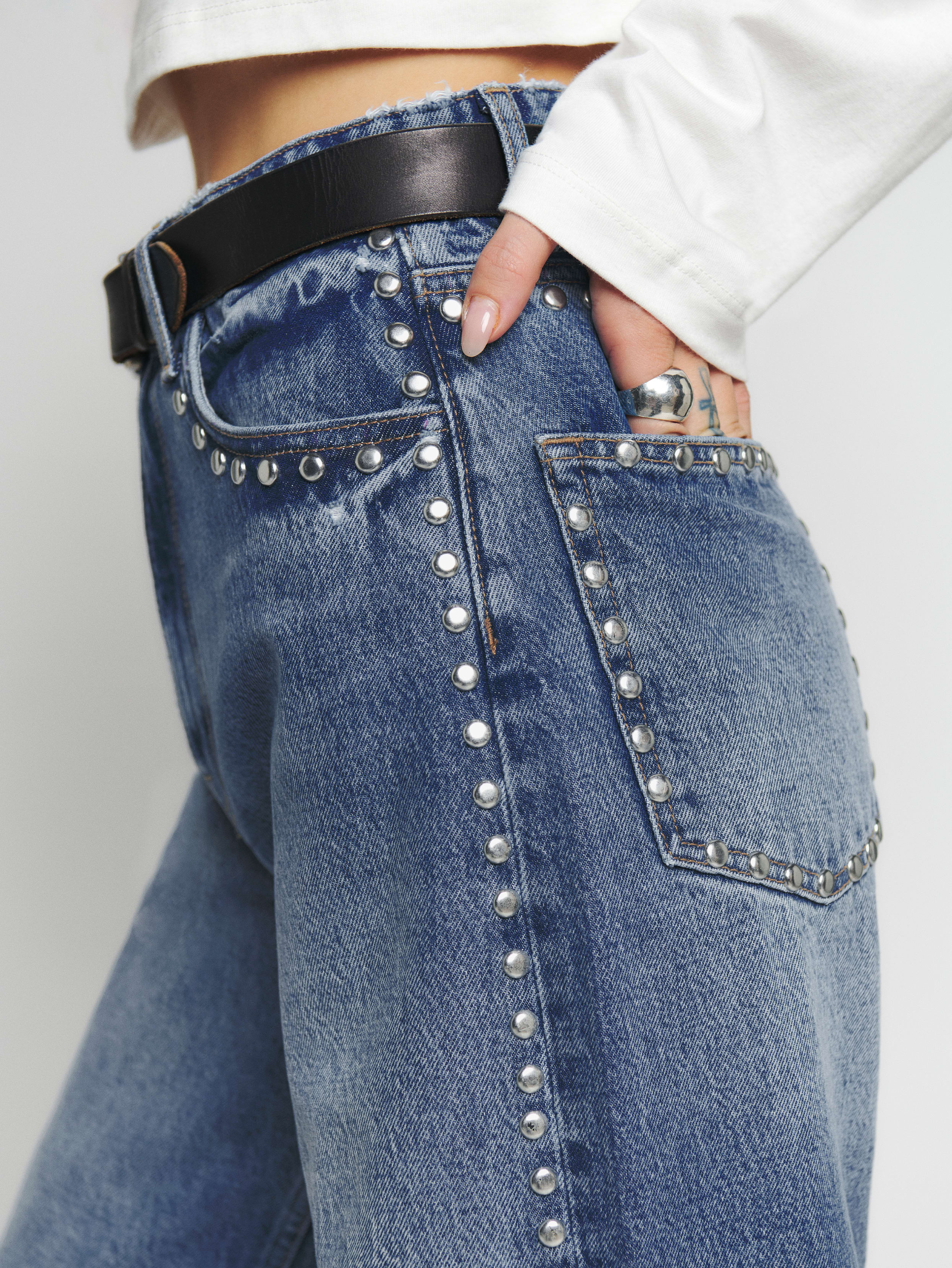Reformation Cary High Rise Slouchy Wide Leg Jeans In Chesapeake Studded