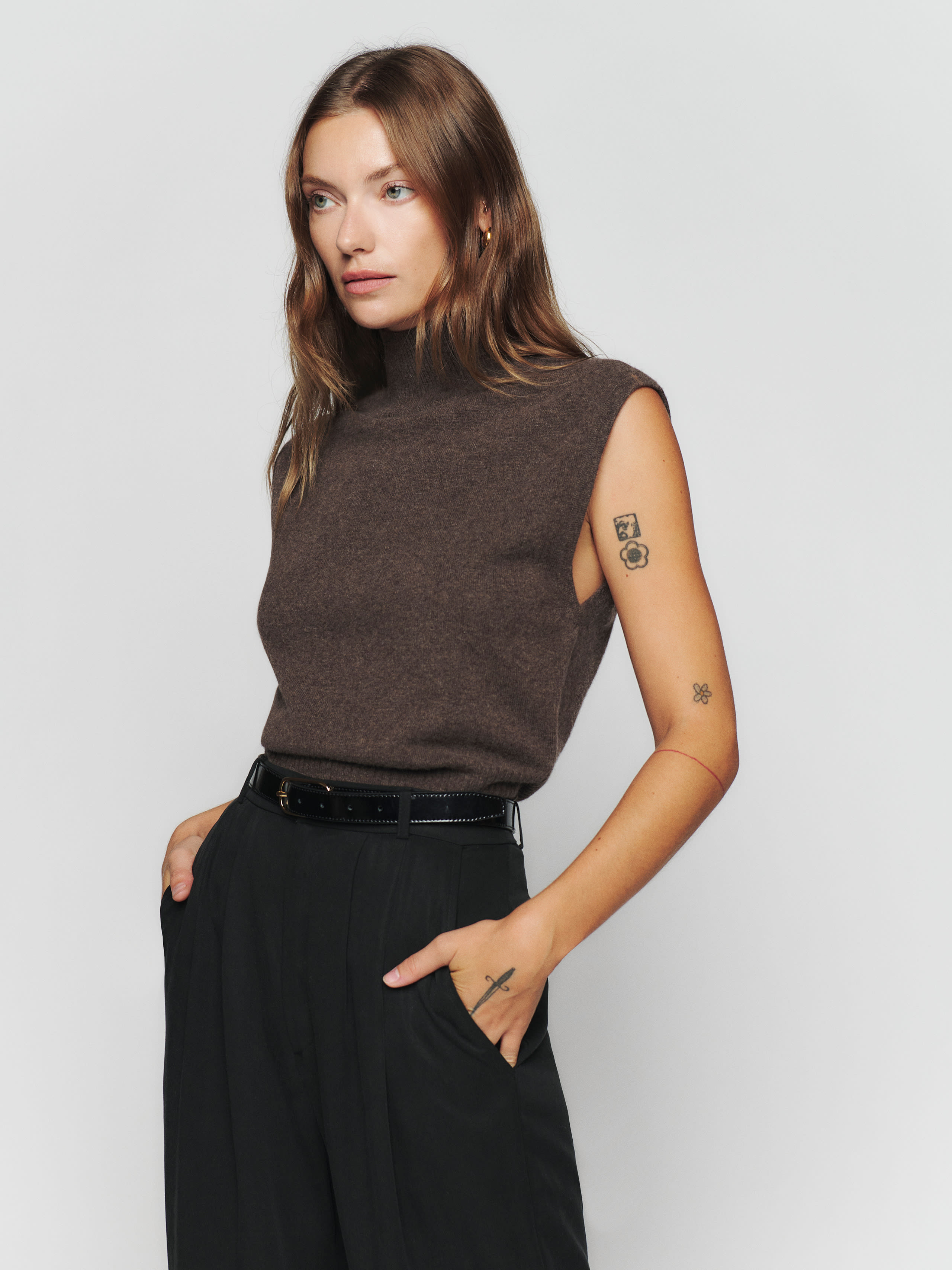 Shop Reformation Arco Cashmere Sleeveless Turtleneck Sweater In Hedgerow