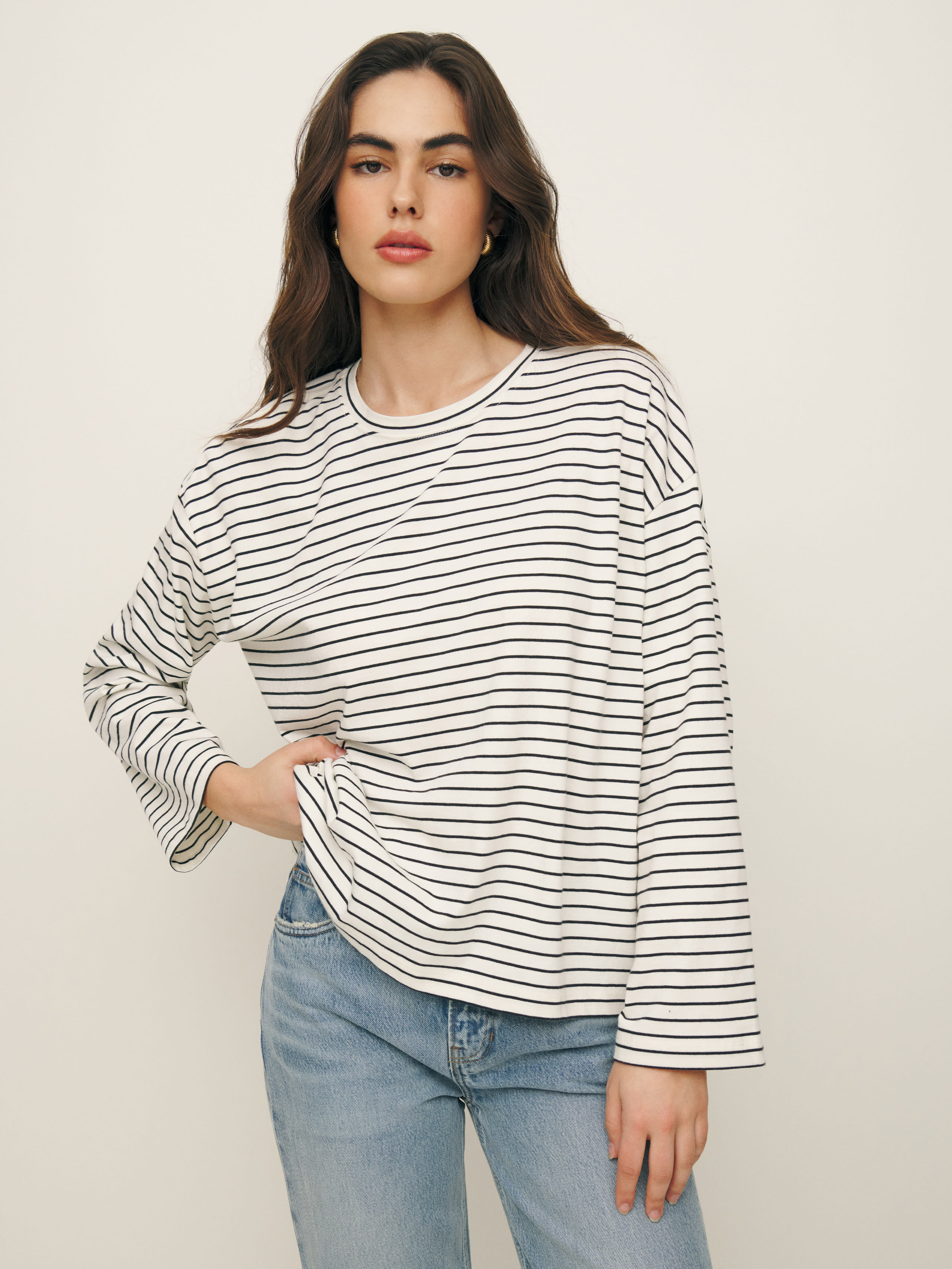 Reformation Oversized Long Sleeve Tee In Black And White Stripe