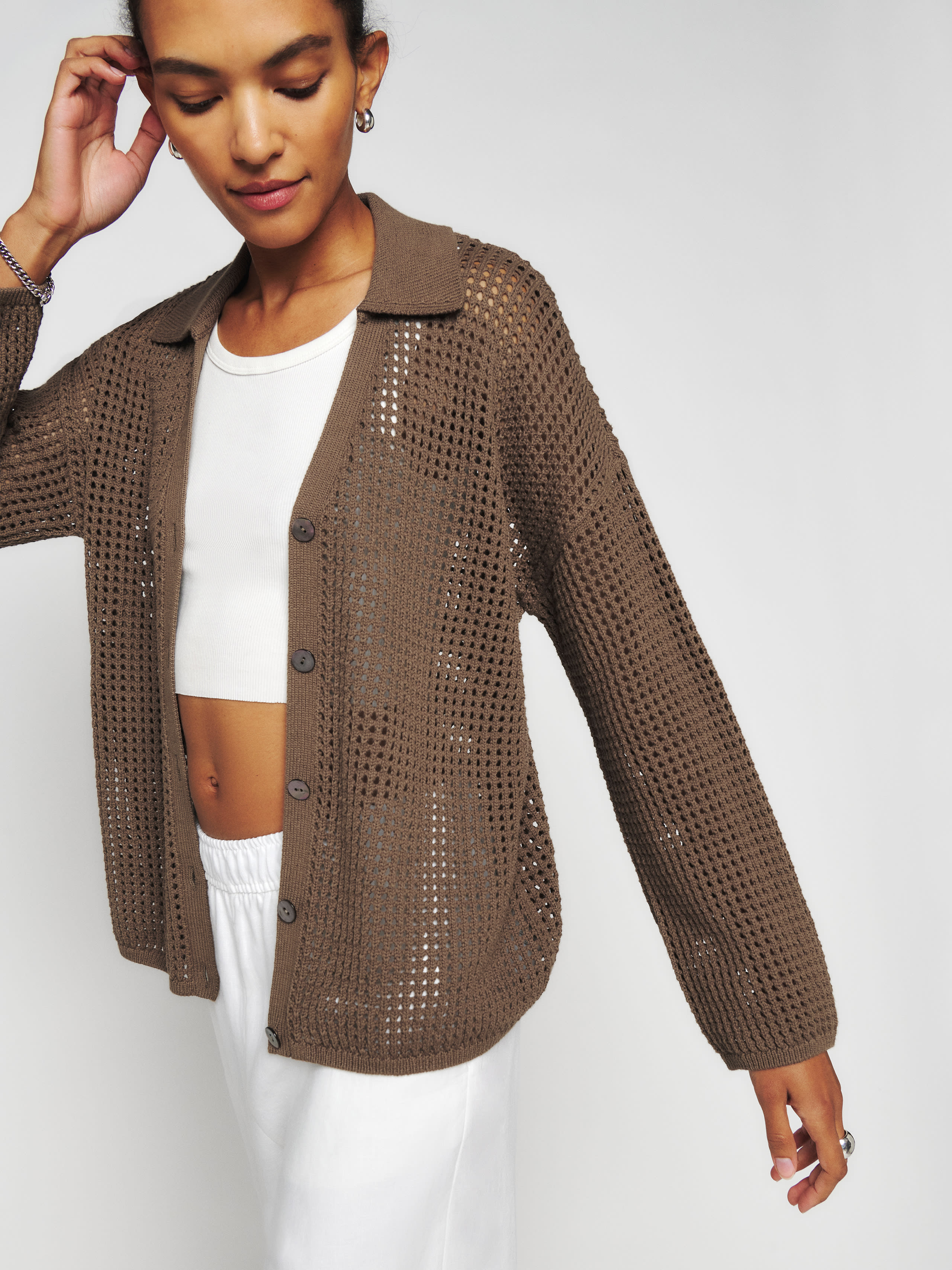 Reformation Milo Cotton Open Knit Cardigan In Shitake