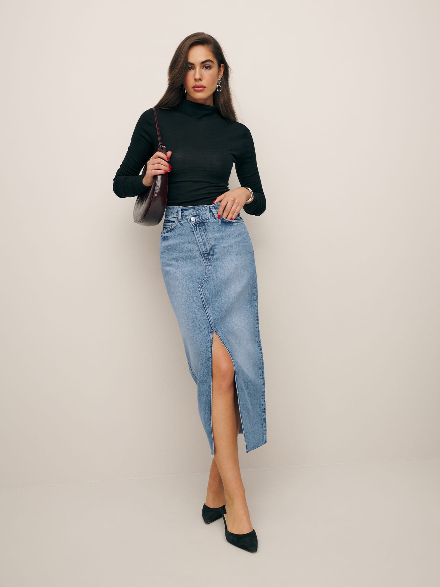 Reformation Nila Long Denim Skirt In Galway