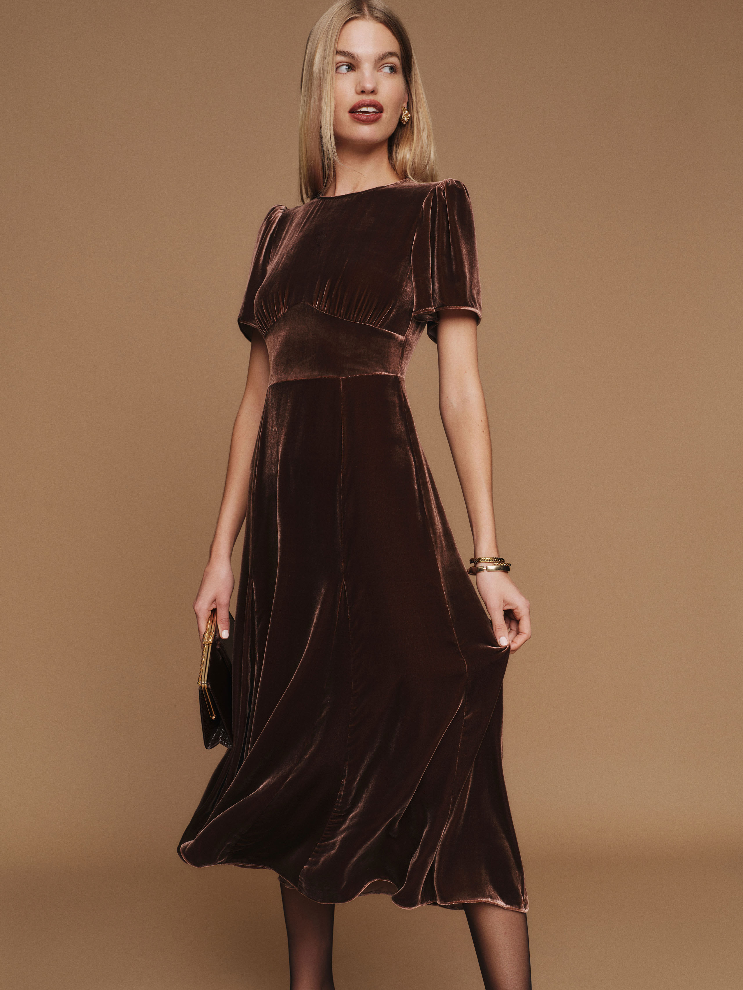 Reformation Quinne Velvet Dress In Mahogany