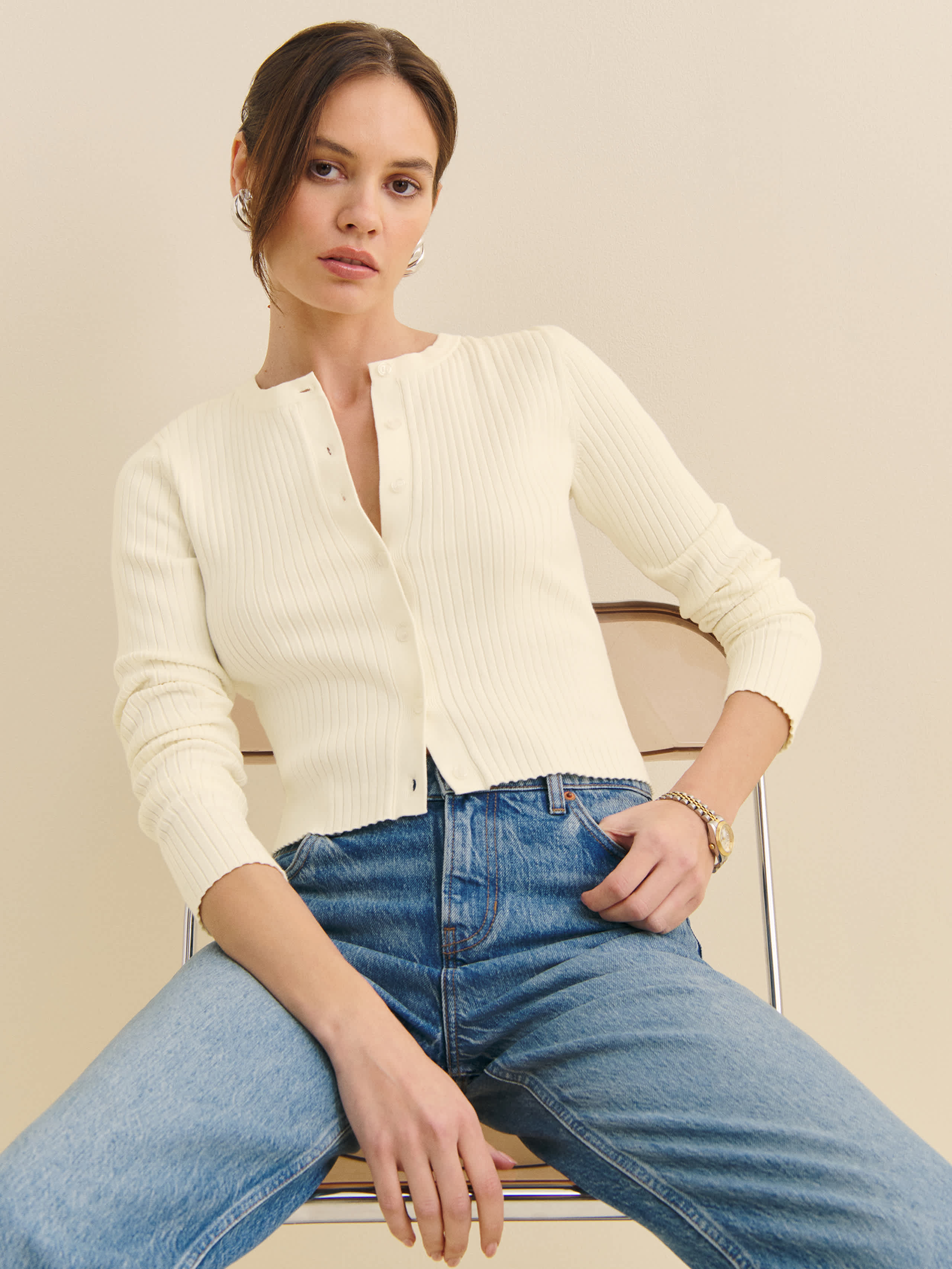 Shop Reformation Joanne Cotton Cardigan In Fior Di Latte