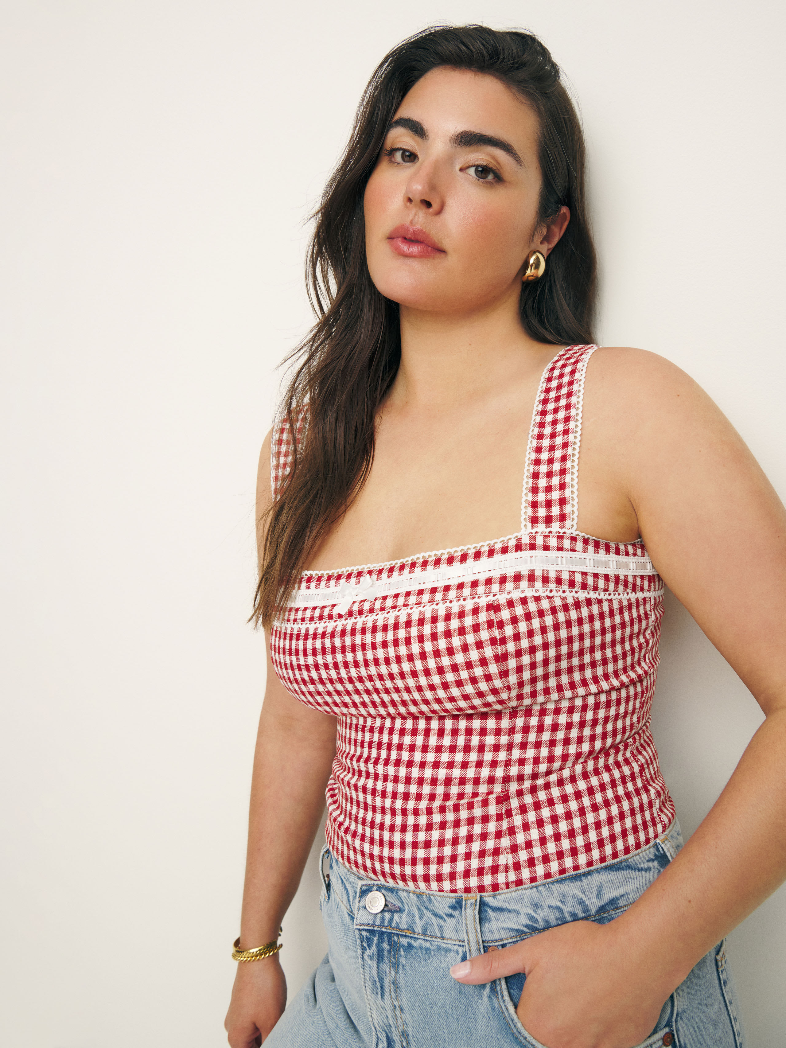 Reformation Eloise Linen Top In Tomato Check