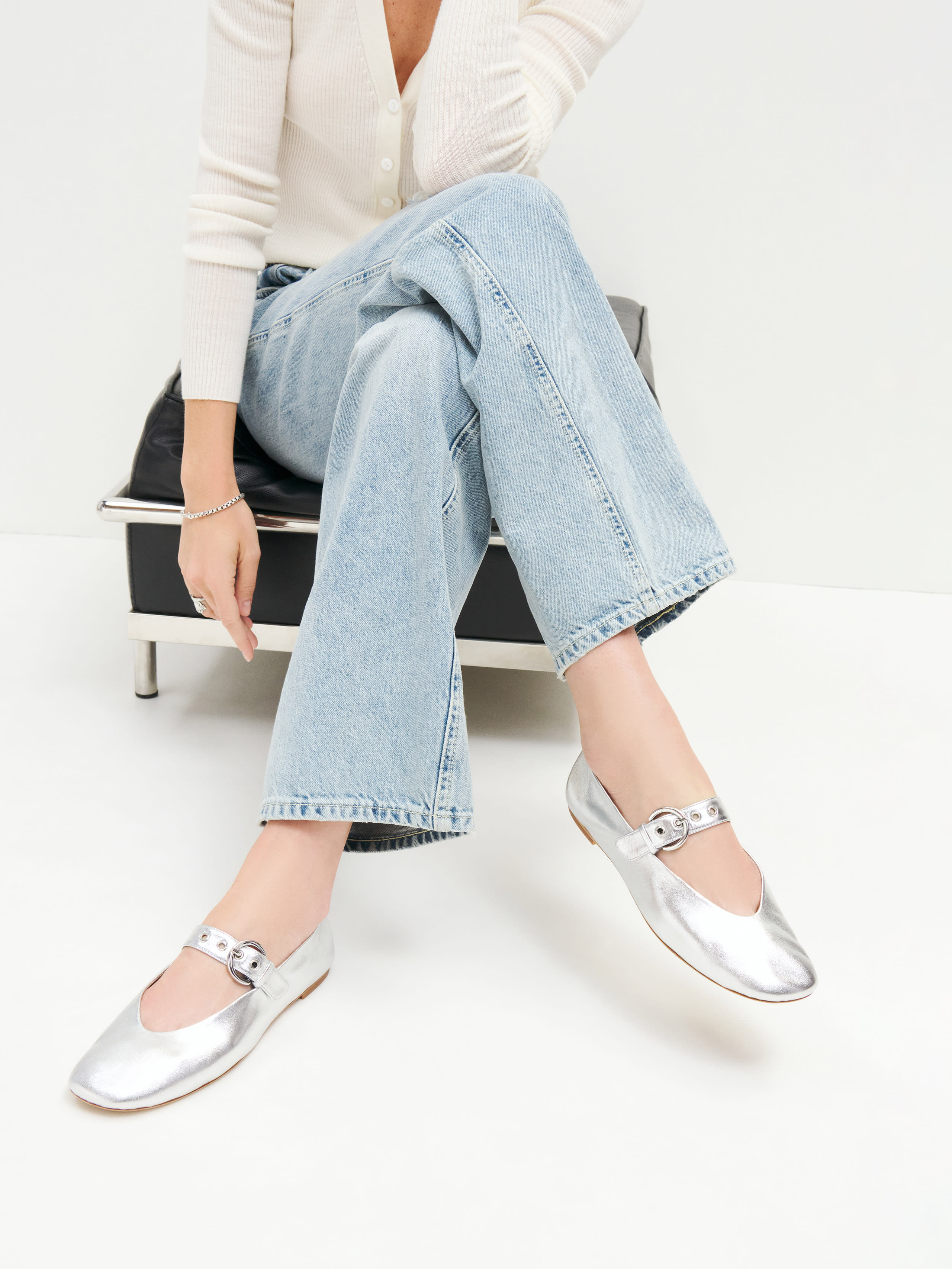 Shop Reformation Bethany Ballet Flat In Silver