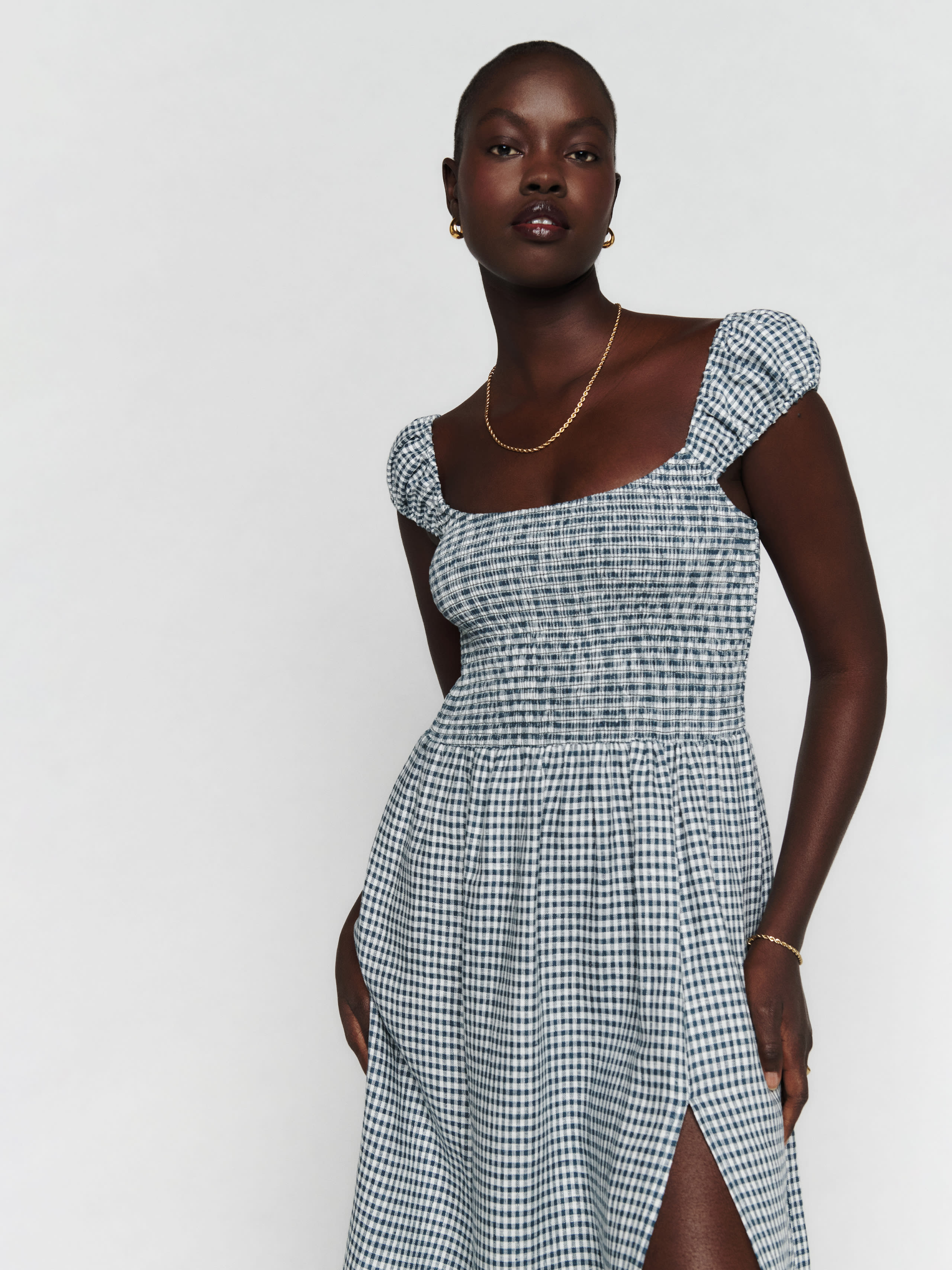 Reformation Tavi Linen Dress In Slate Check | ModeSens