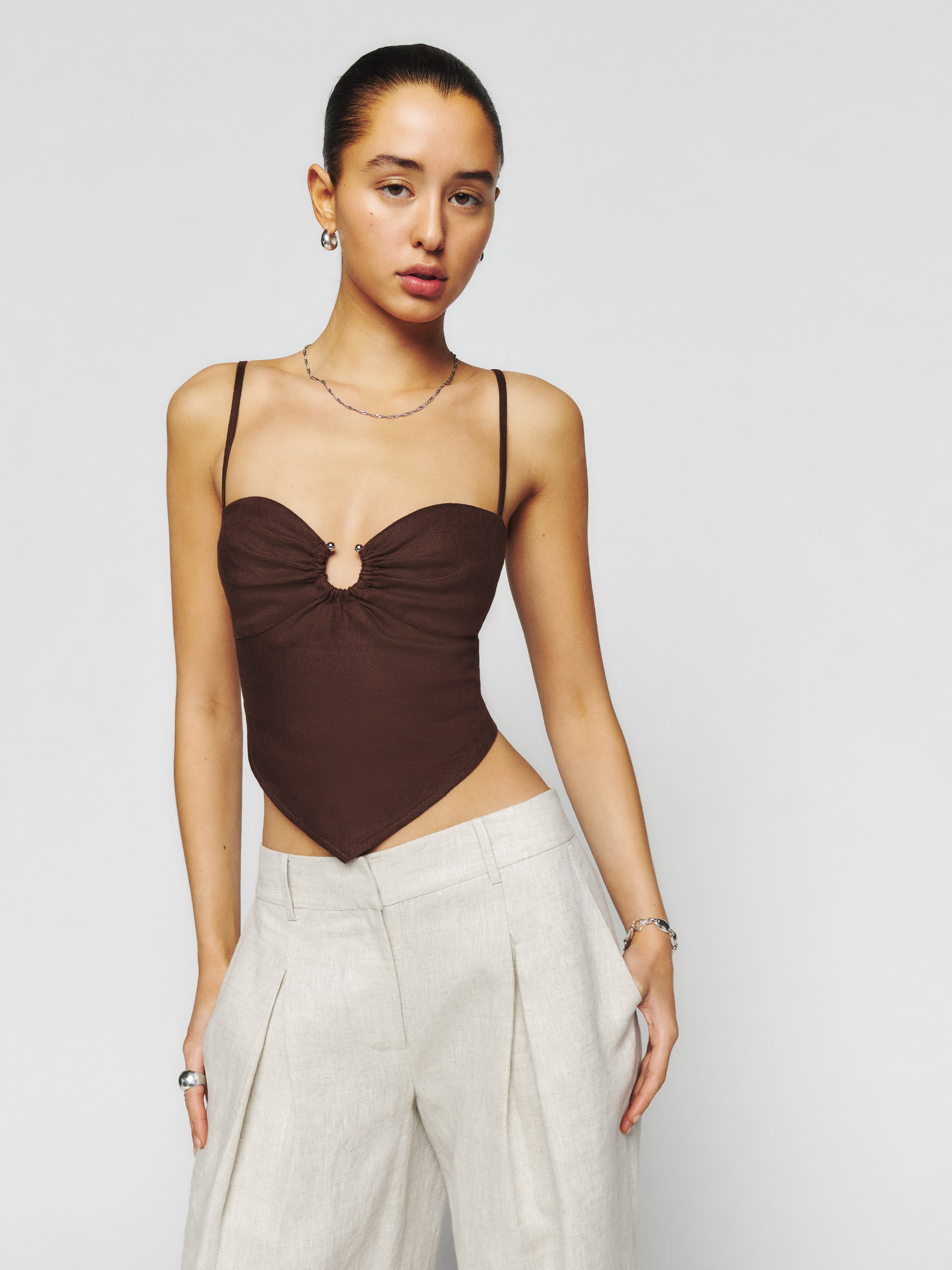 Reformation Sansa Linen Cropped Top In Brown