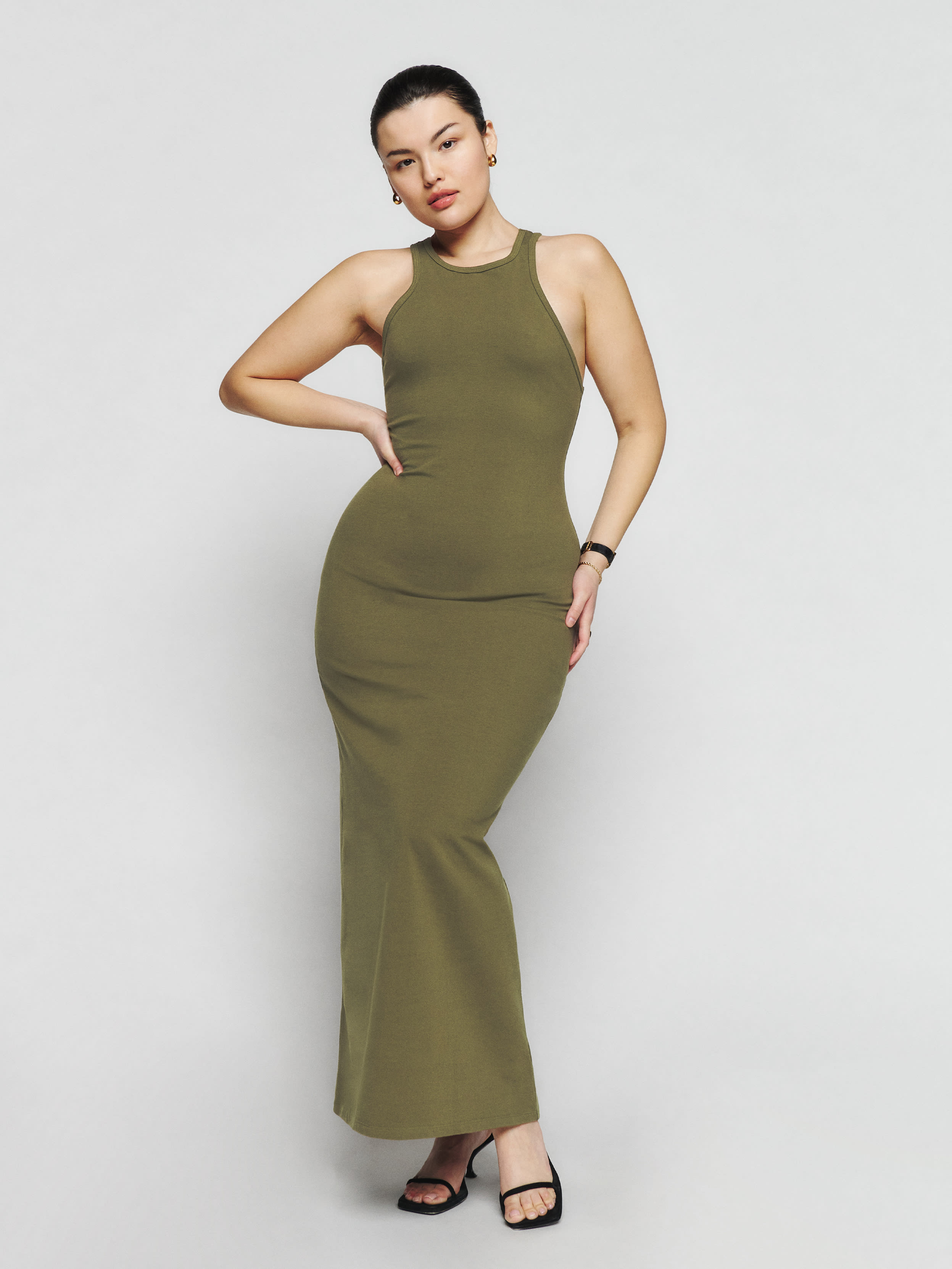 reformation dark green dress Jillian Silk Dress