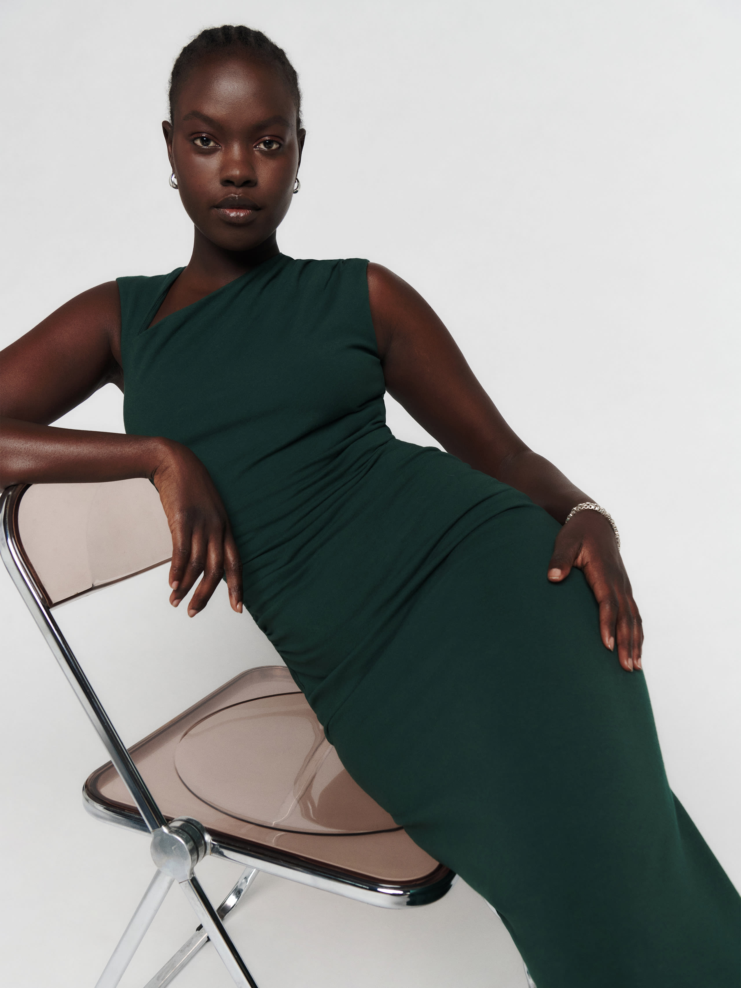 reformation forest green dress Reformation Cassis Silk Satin Long Sleeve Midi Dress In Green