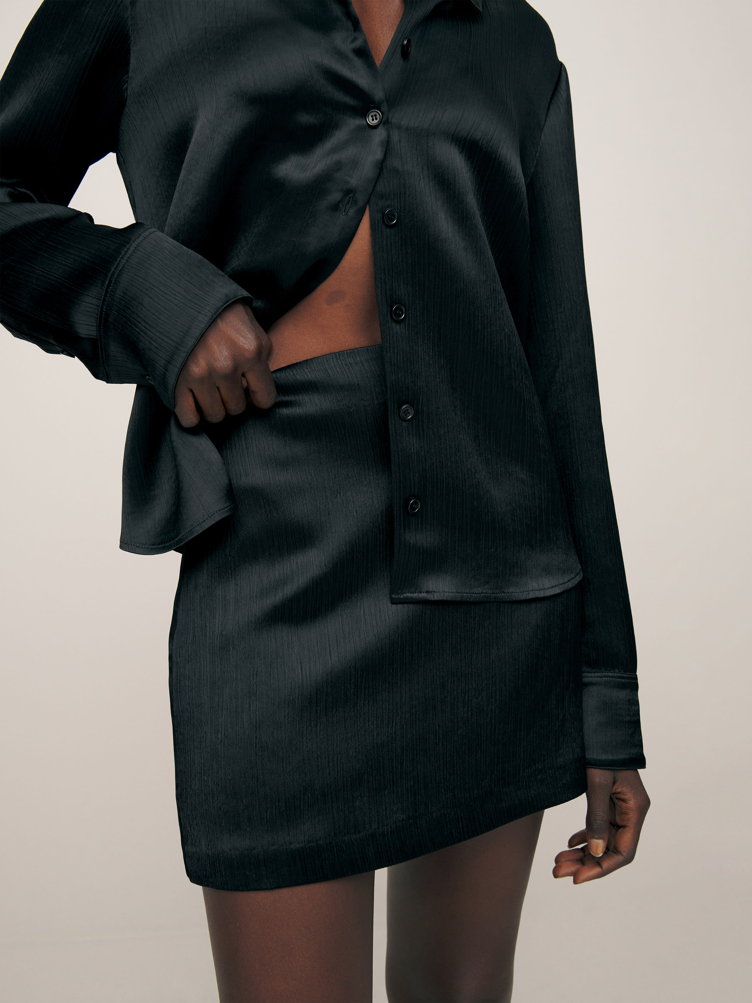 Reformation Veranda Satin Skirt In Black Crinkle