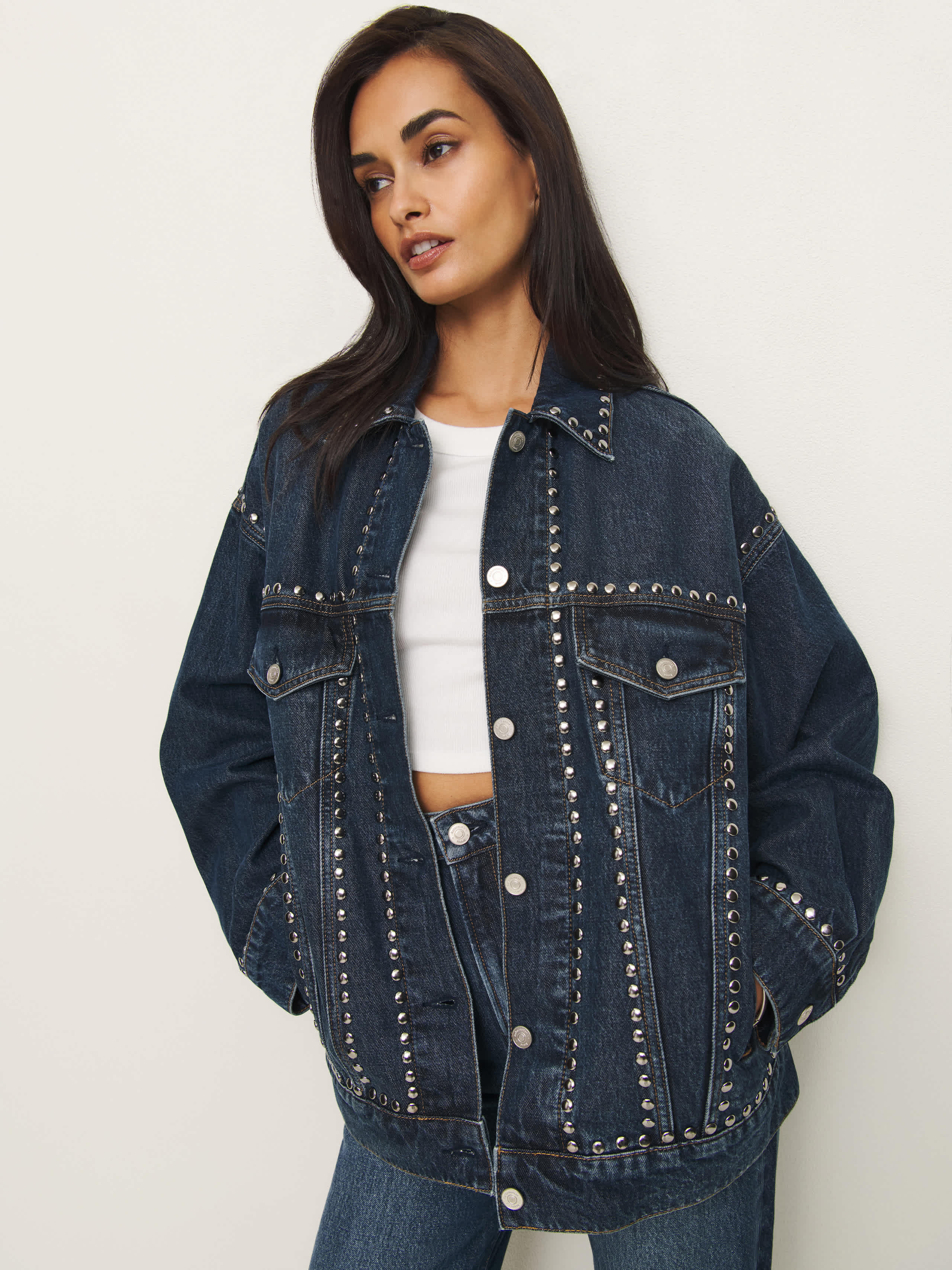 Reformation Brooks Oversized Denim Jacket In Mille Studded