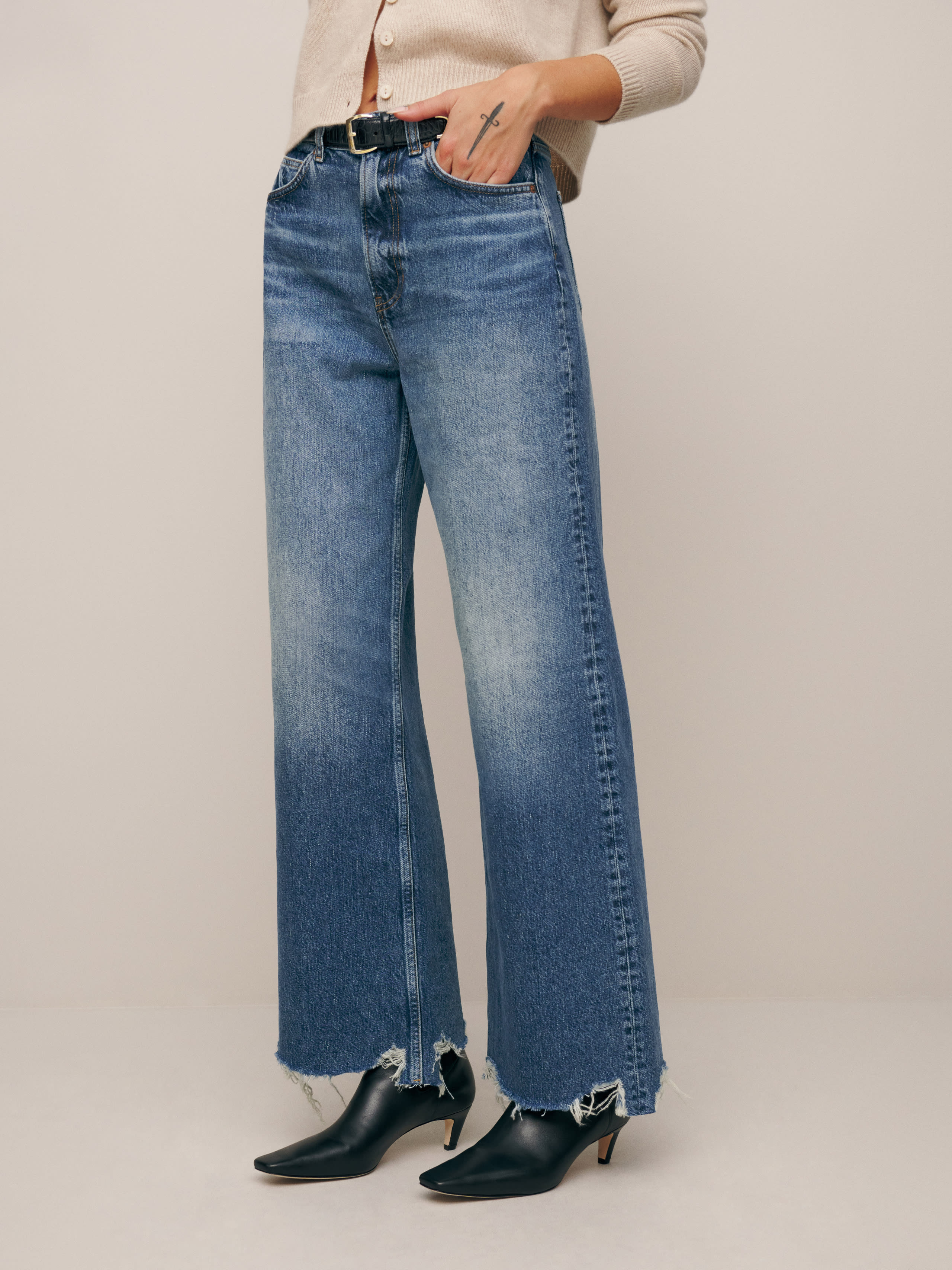 Reformation Cary High Rise Slouchy Wide Leg Cropped Jeans In Hemlock Destroyed Hem