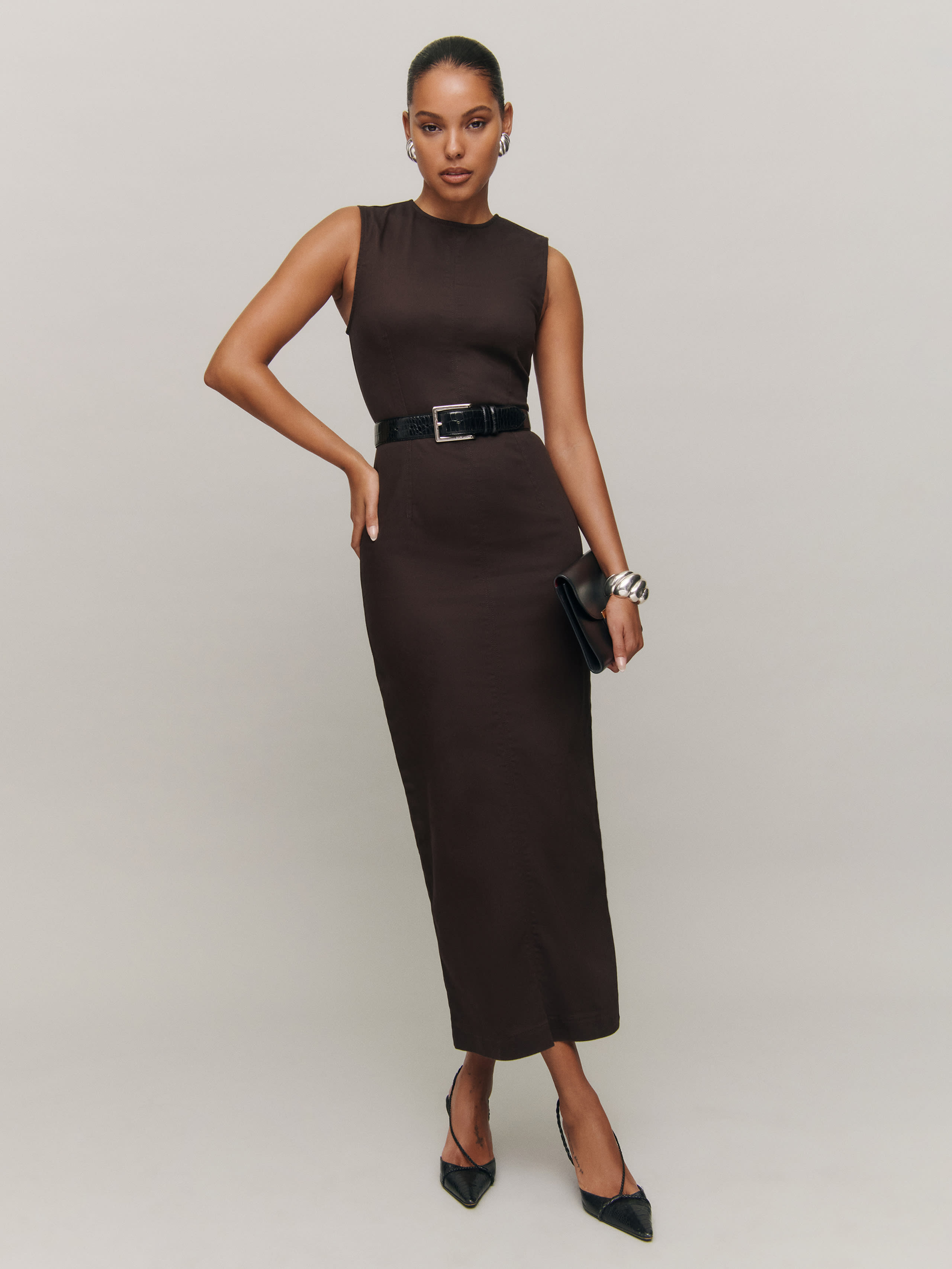 Shop Reformation Kendi Denim Midi Dress In Mole