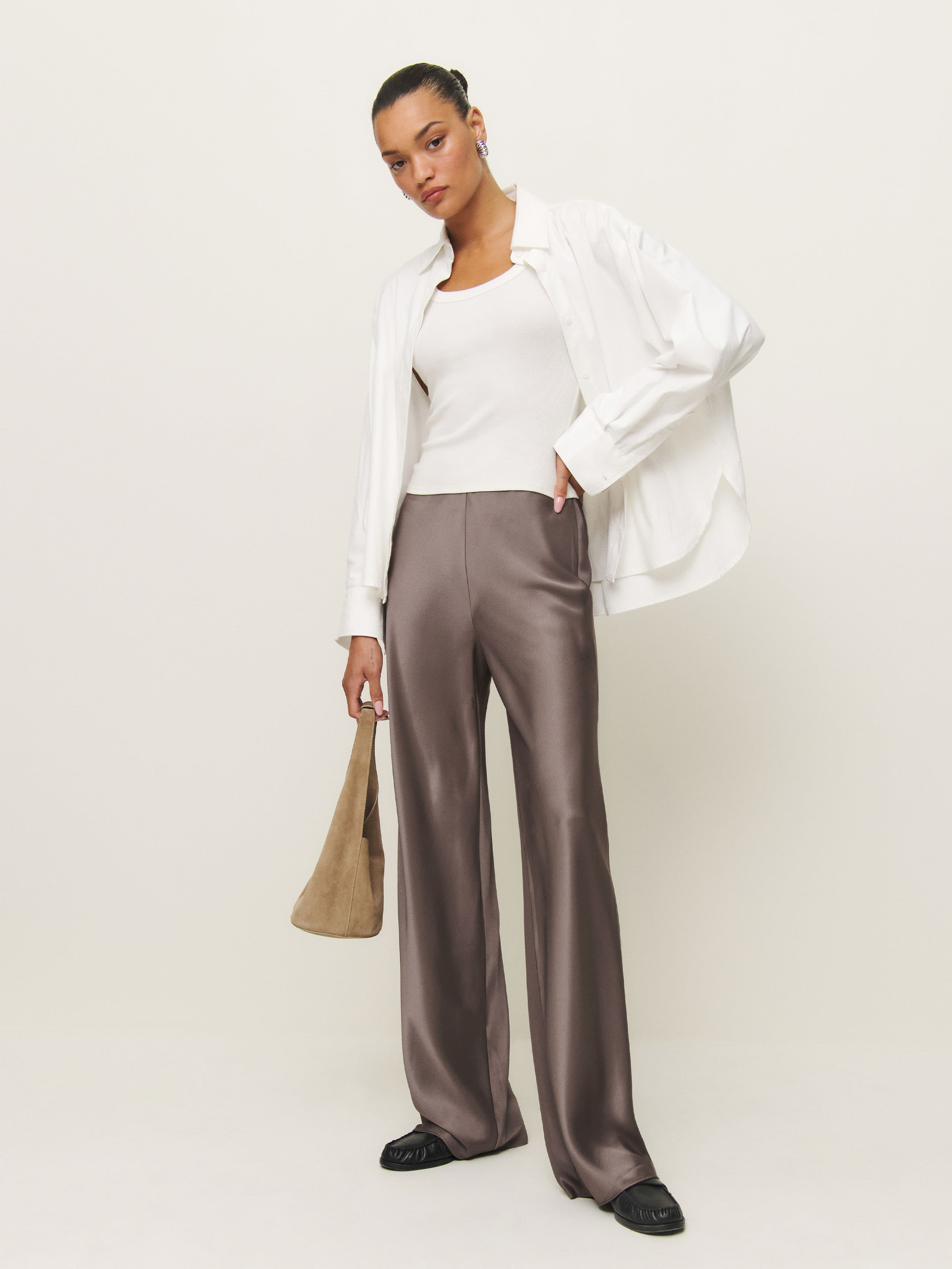 Shop Reformation Gale Satin Mid Rise Bias Pant In Magnetic