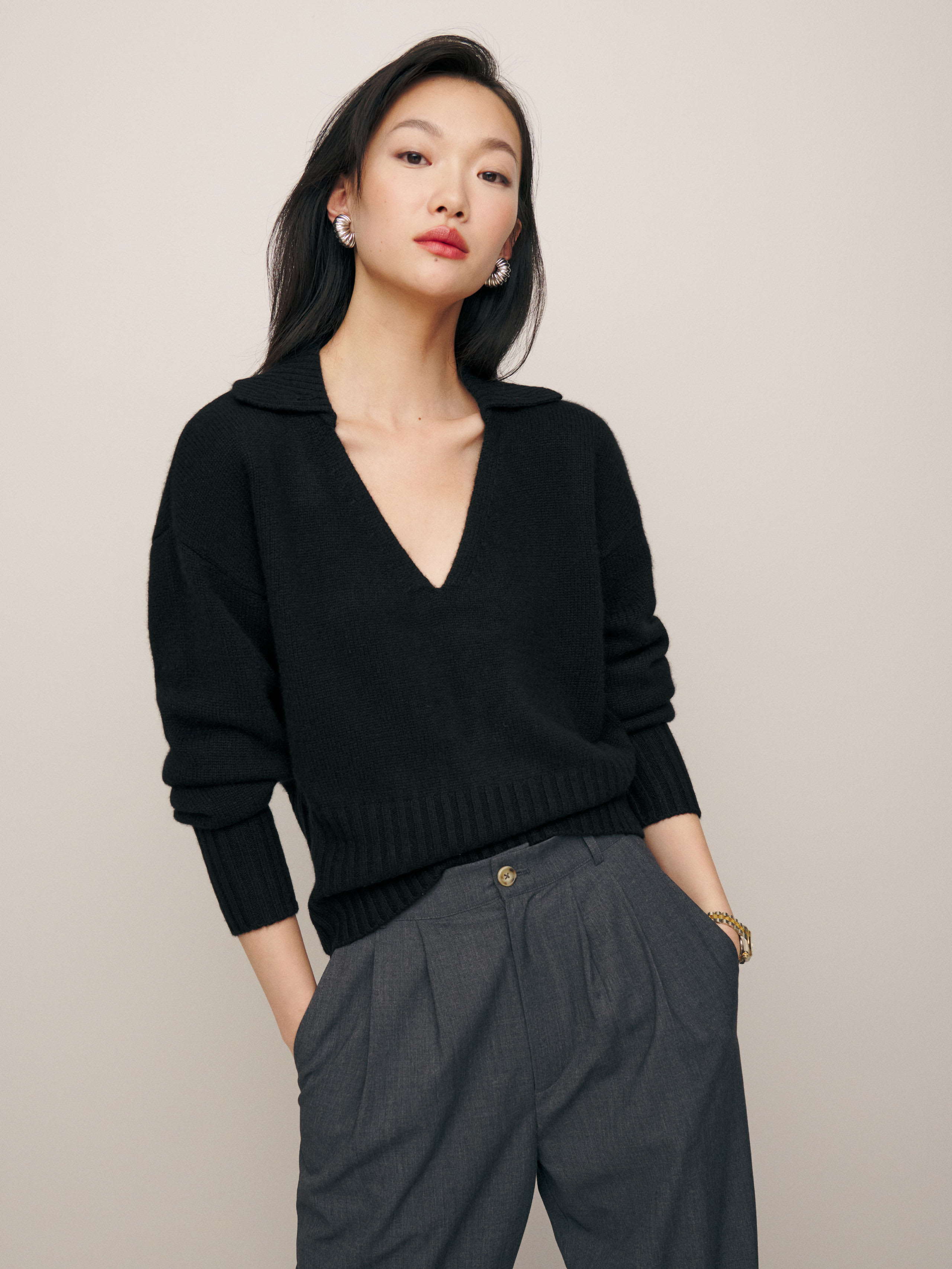 Reformation Beckie Cashmere Collared Sweater In Black