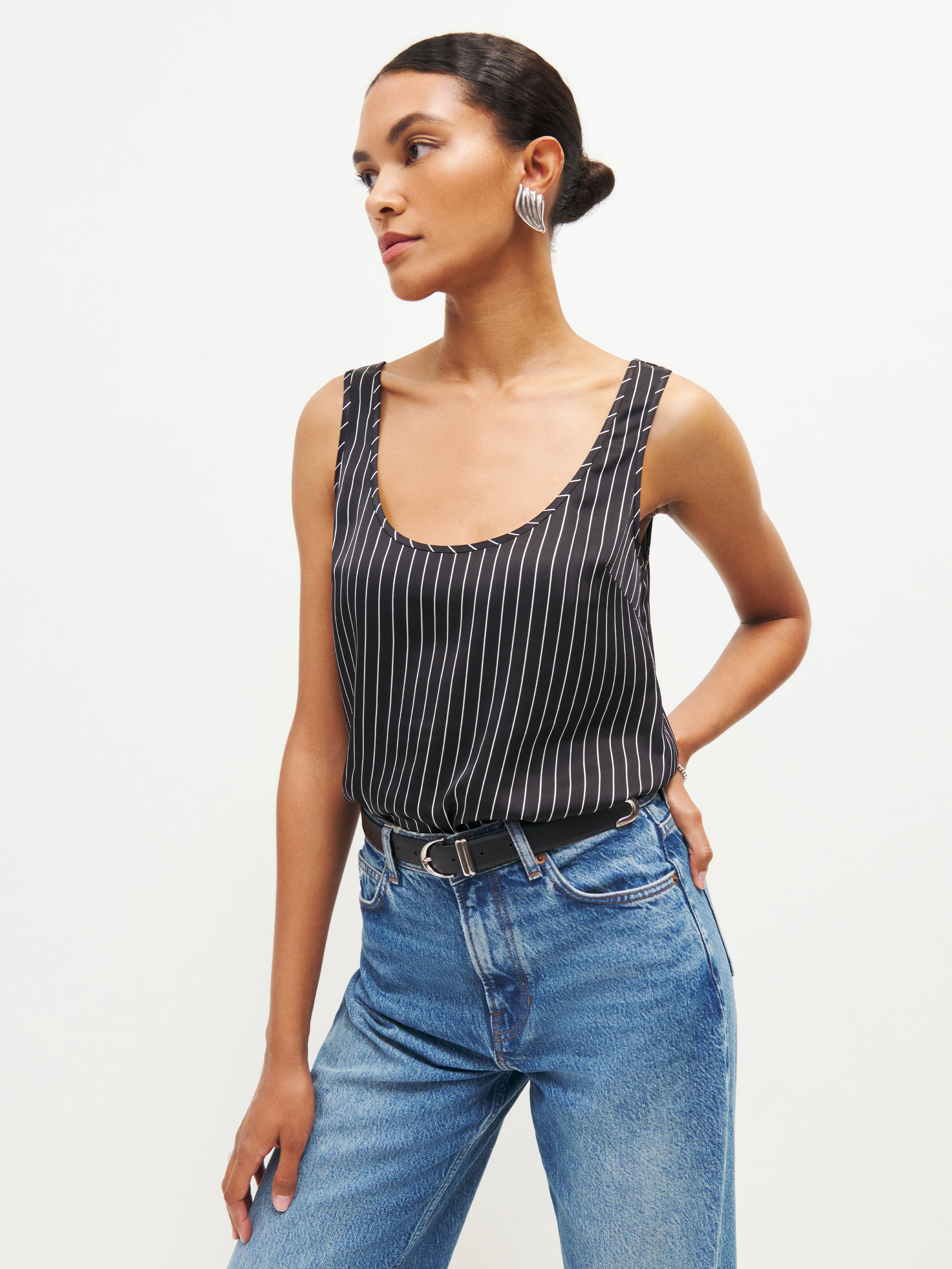 Reformation Jasmine Satin Top In Broadway Stripe