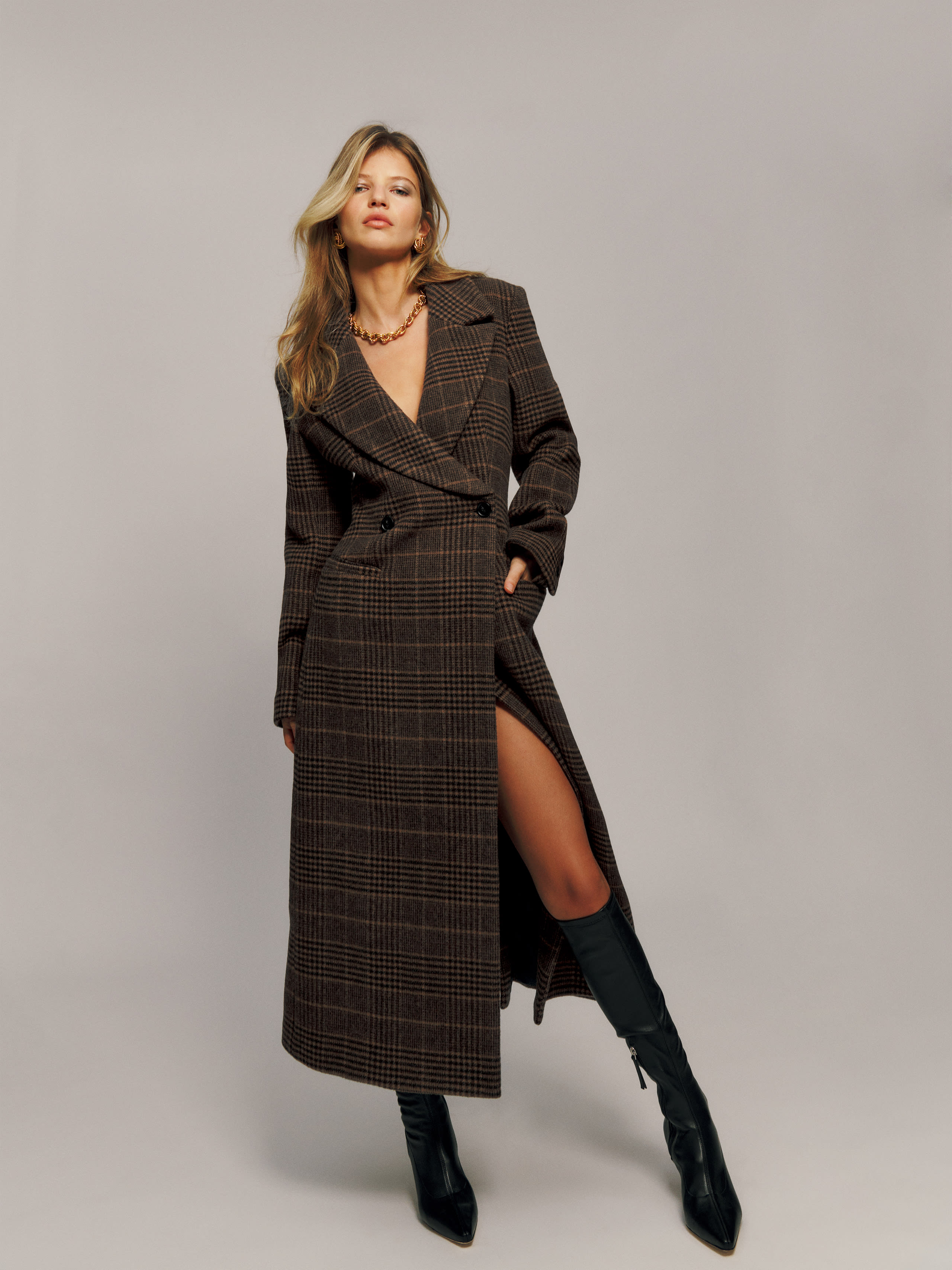 Reformation Oscar Nipped Waist Coat In Brown Check