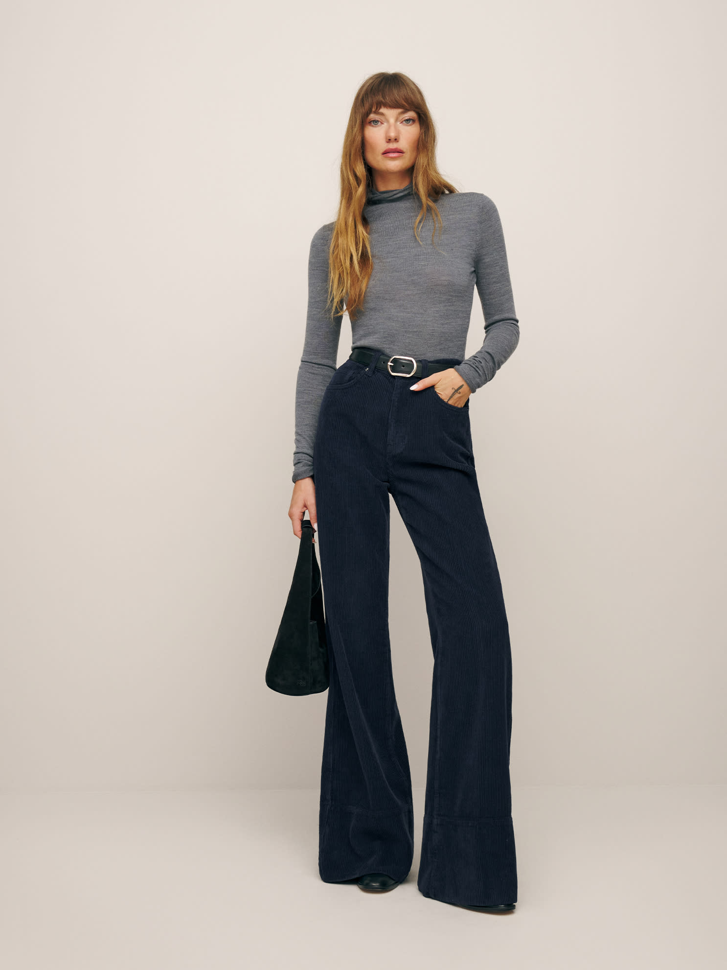 Reformation Penney High Rise Relaxed Flare Corduroy Trousers In Navy