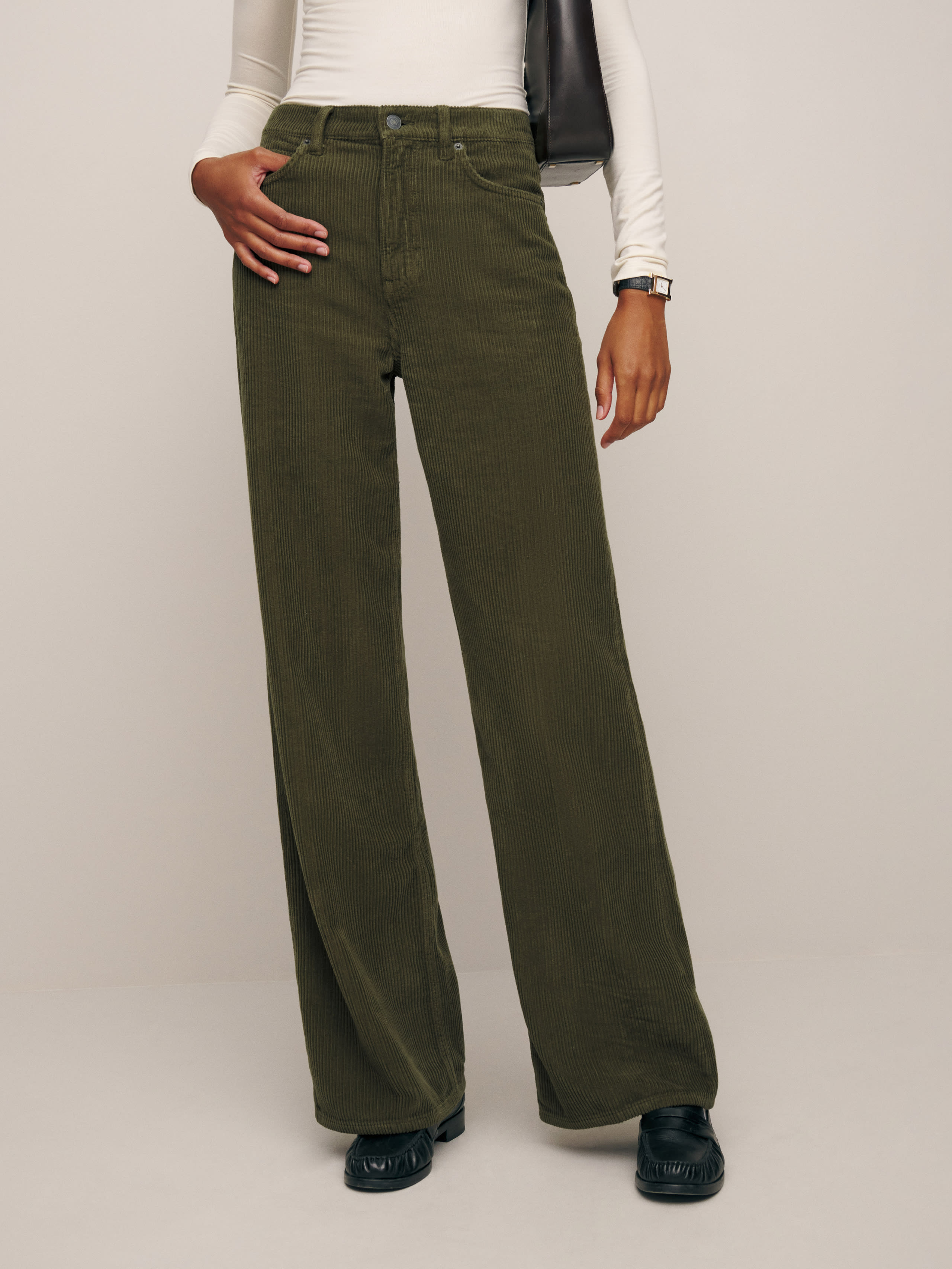 Reformation Cary High Rise Slouchy Wide Leg Corduroy Pants In Dark Olive