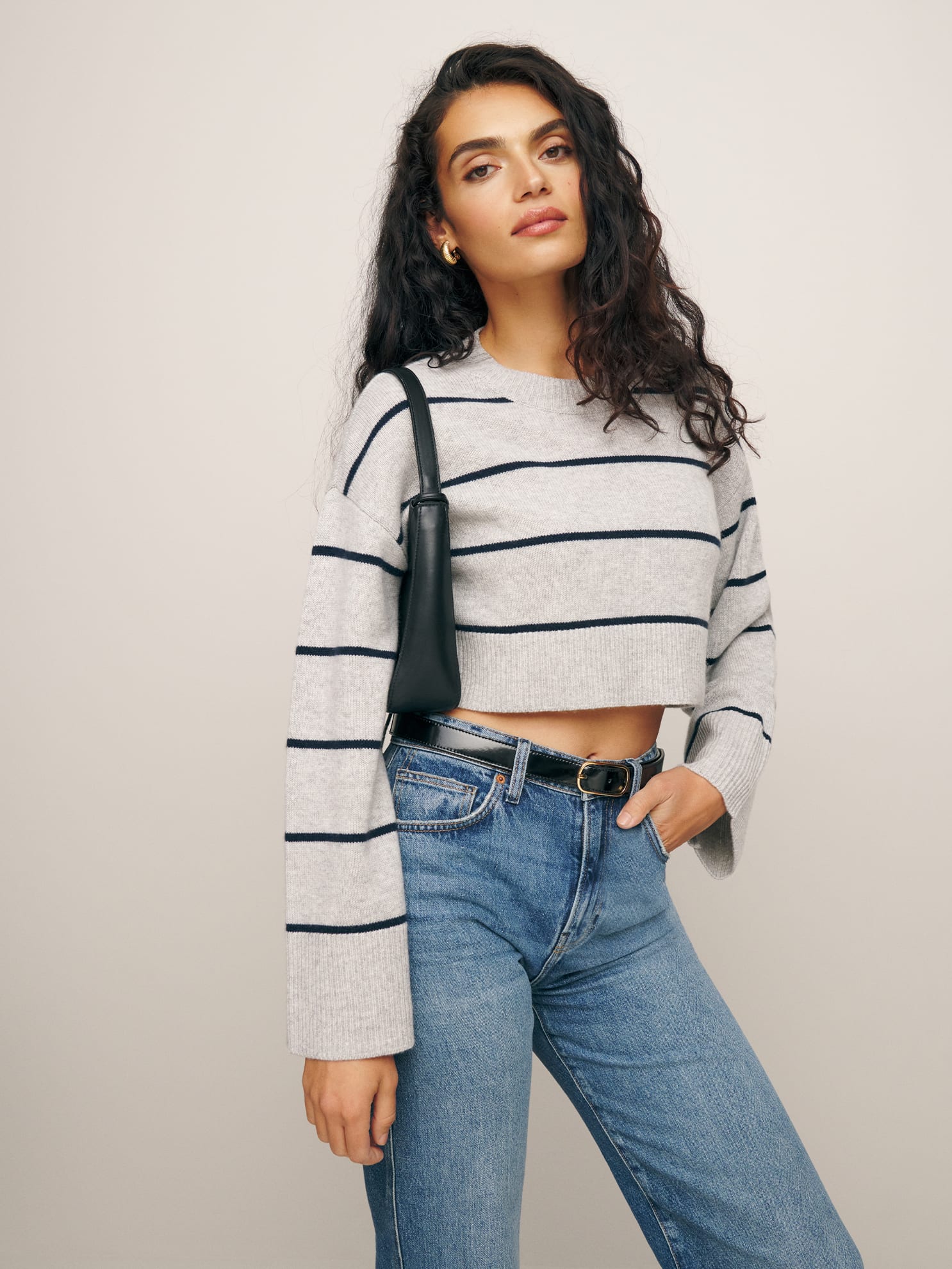 Shop Reformation Paloma Cropped Cashmere Crew In Light Grey With Navy Stripe