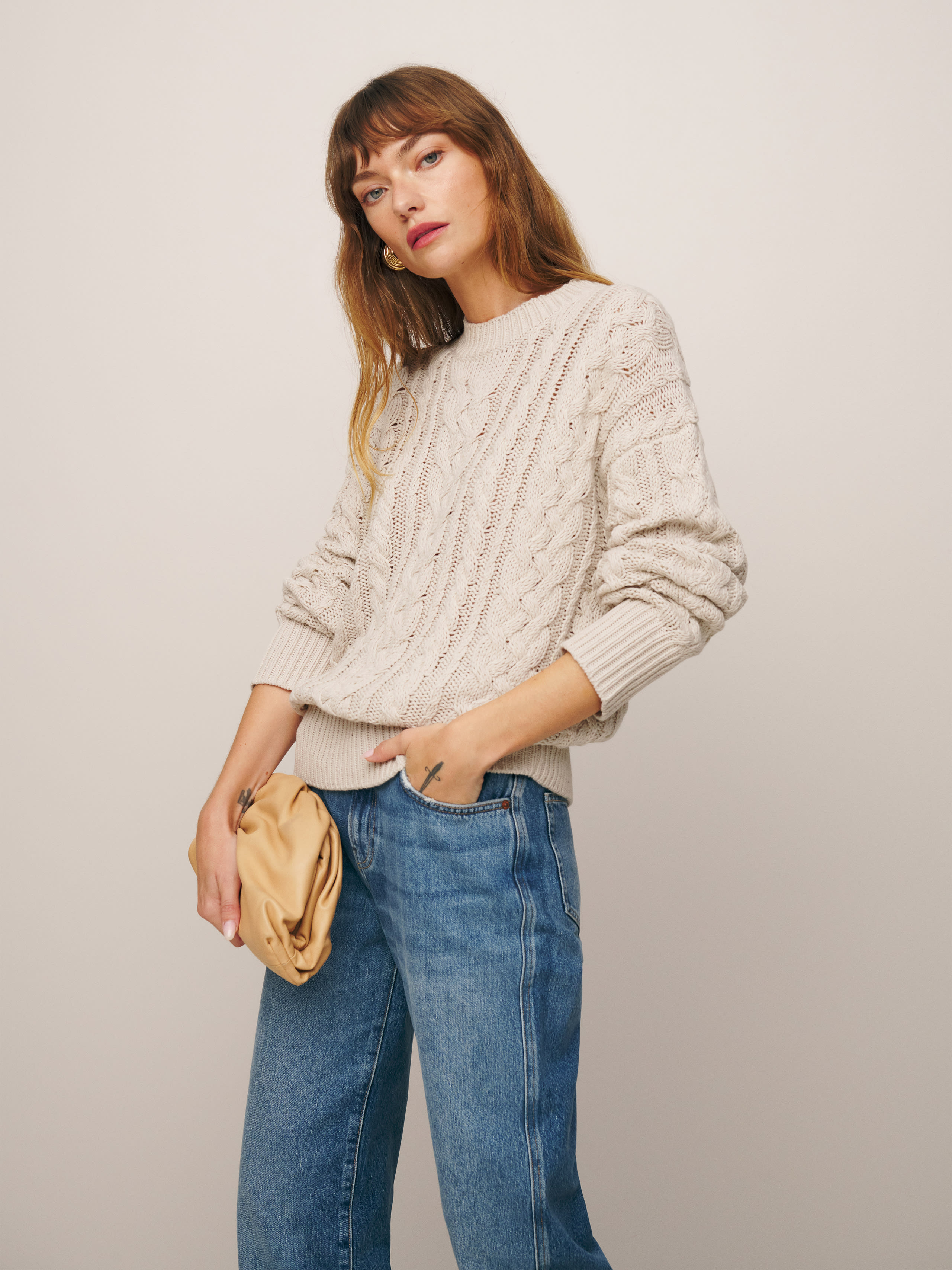 Reformation Sam Cotton Cashmere Oversized Crew Sweater In Gossamer Cable