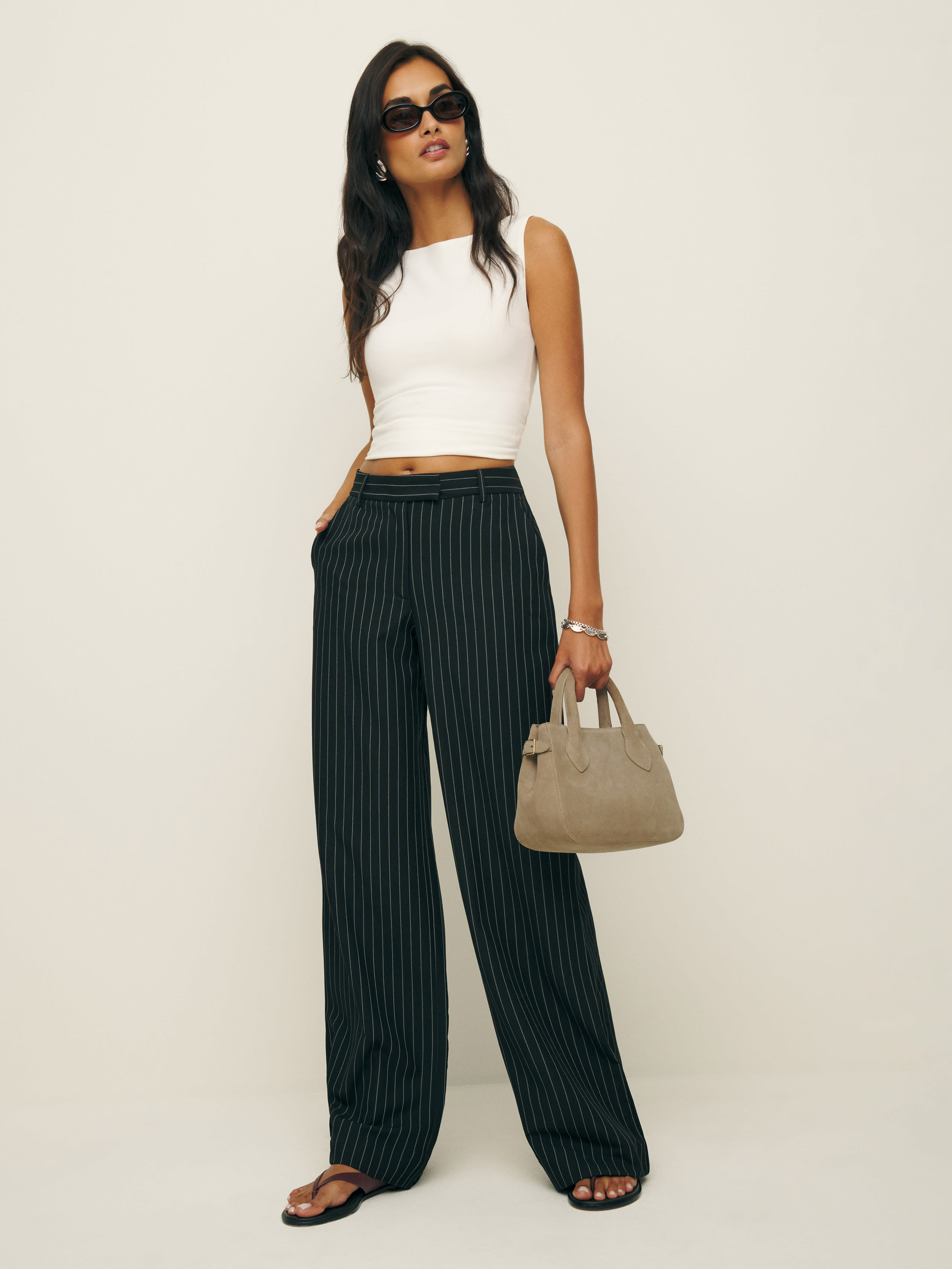 Reformation Carter Mid Rise Pant In Black Stripe