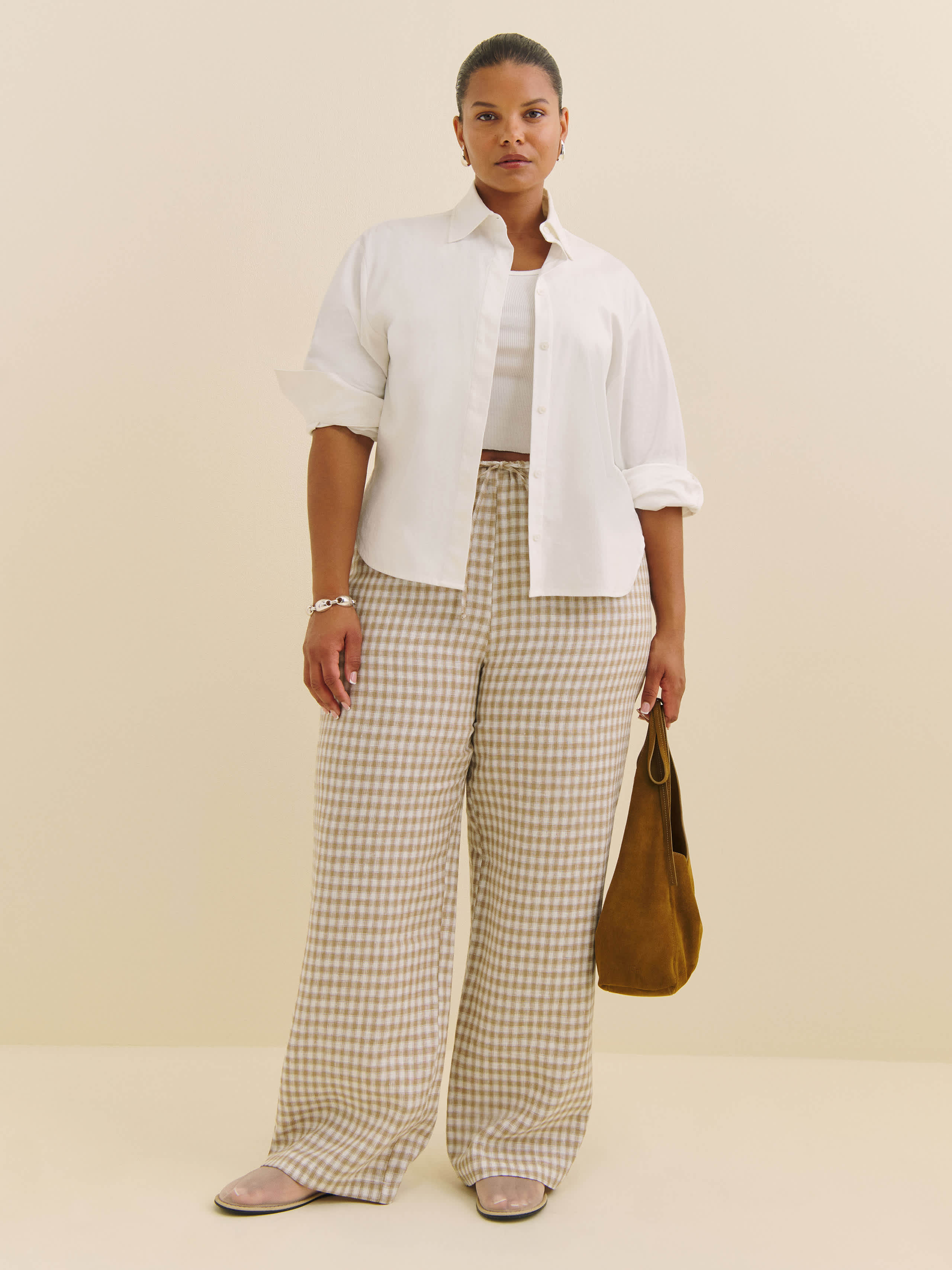 Reformation Olina Linen Pant Es In Dunes Check