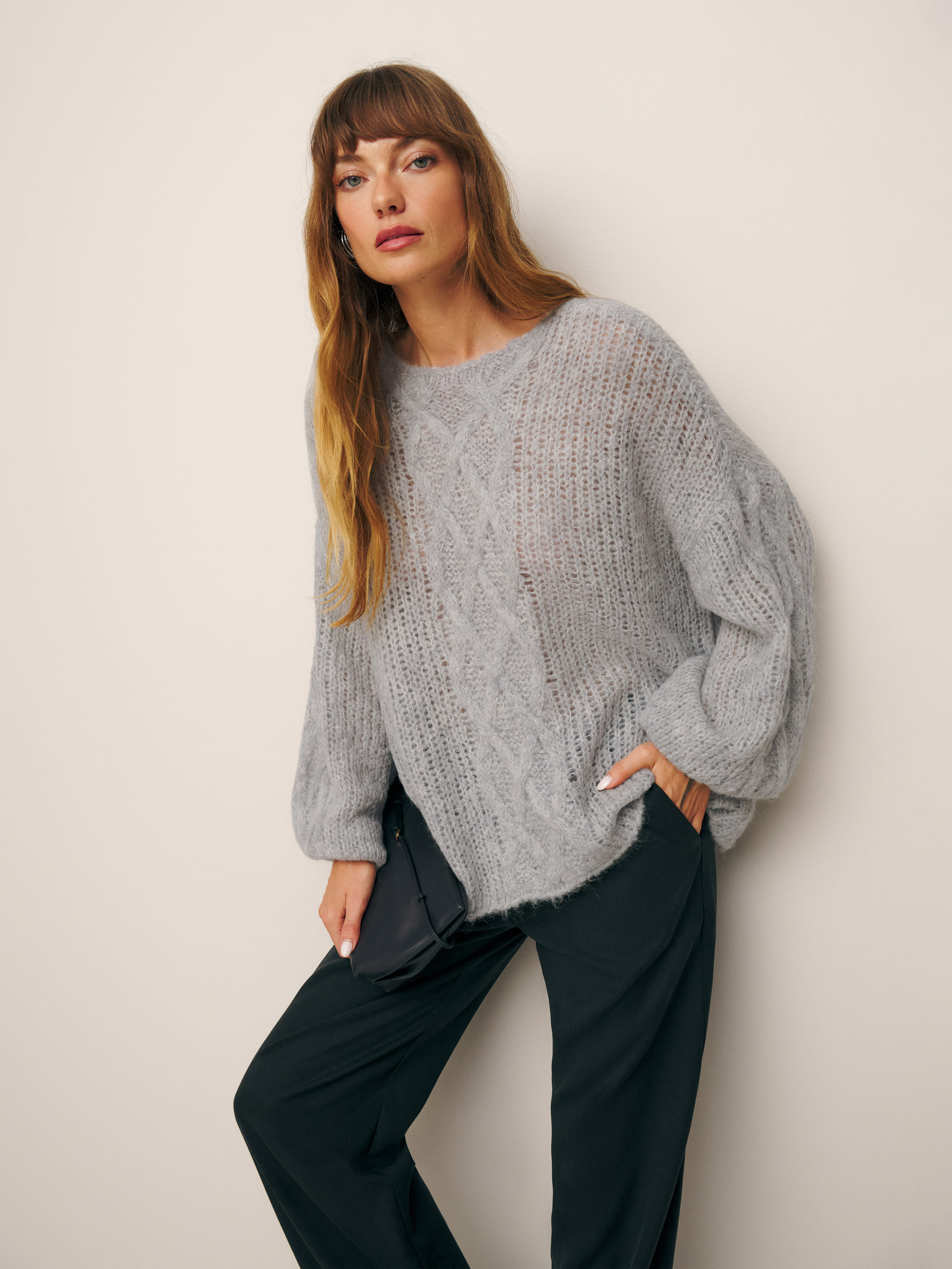 Reformation Vea Oversized Sweater In Cable Foggy