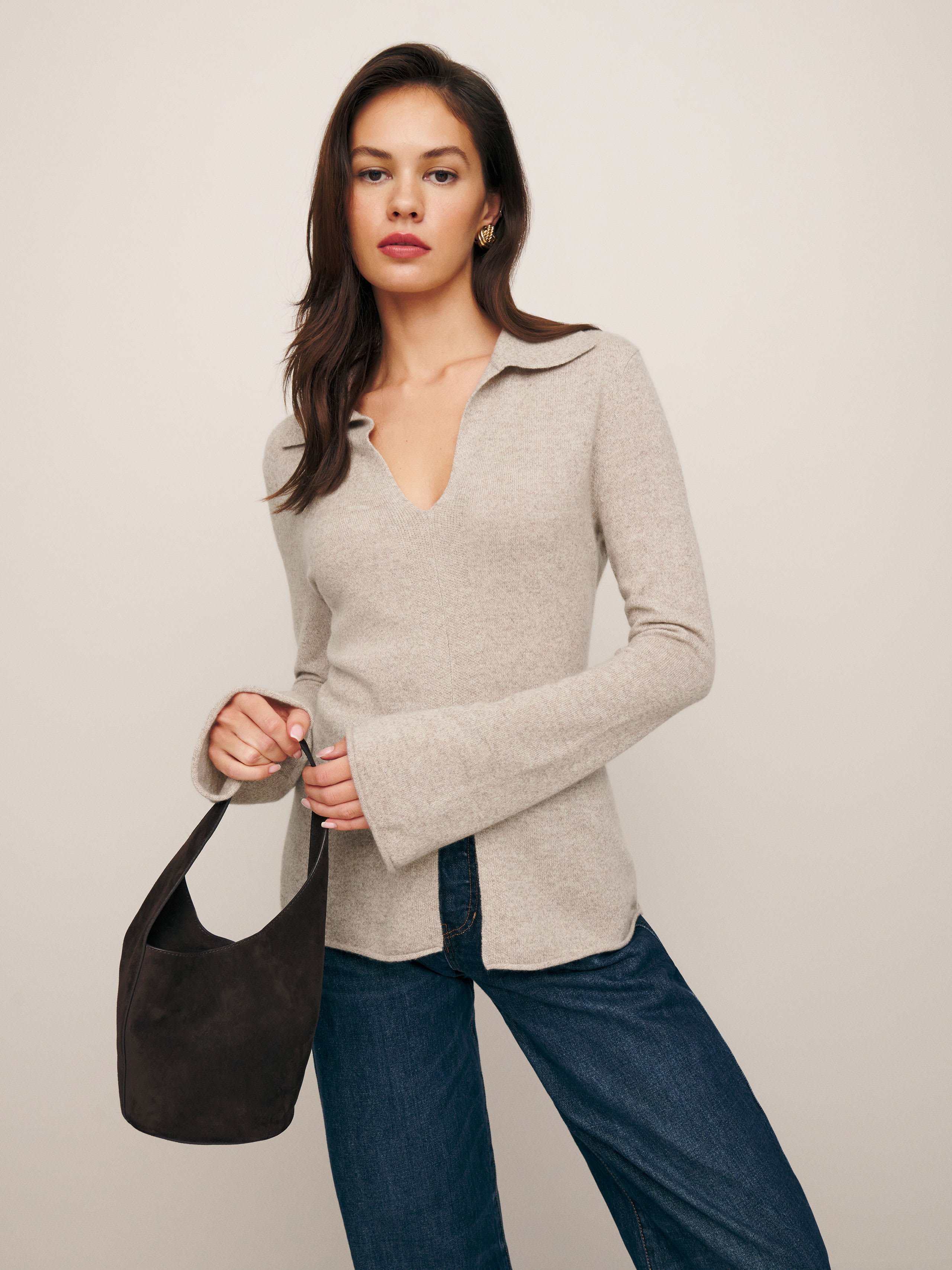 Reformation Jade Cashmere Collared Sweater In Barley
