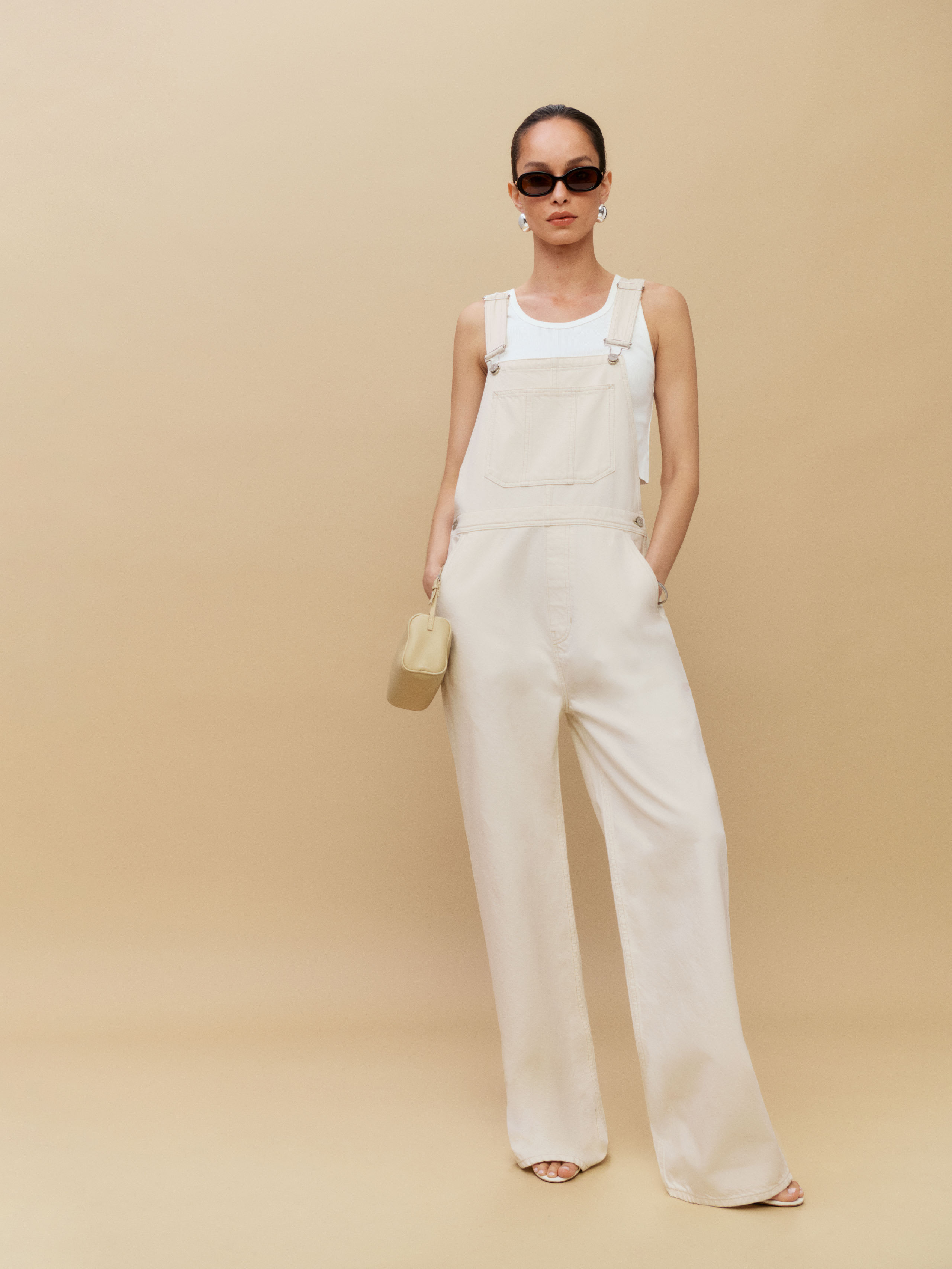 Reformation River Relaxed Denim Dungarees In Fior Di Latte