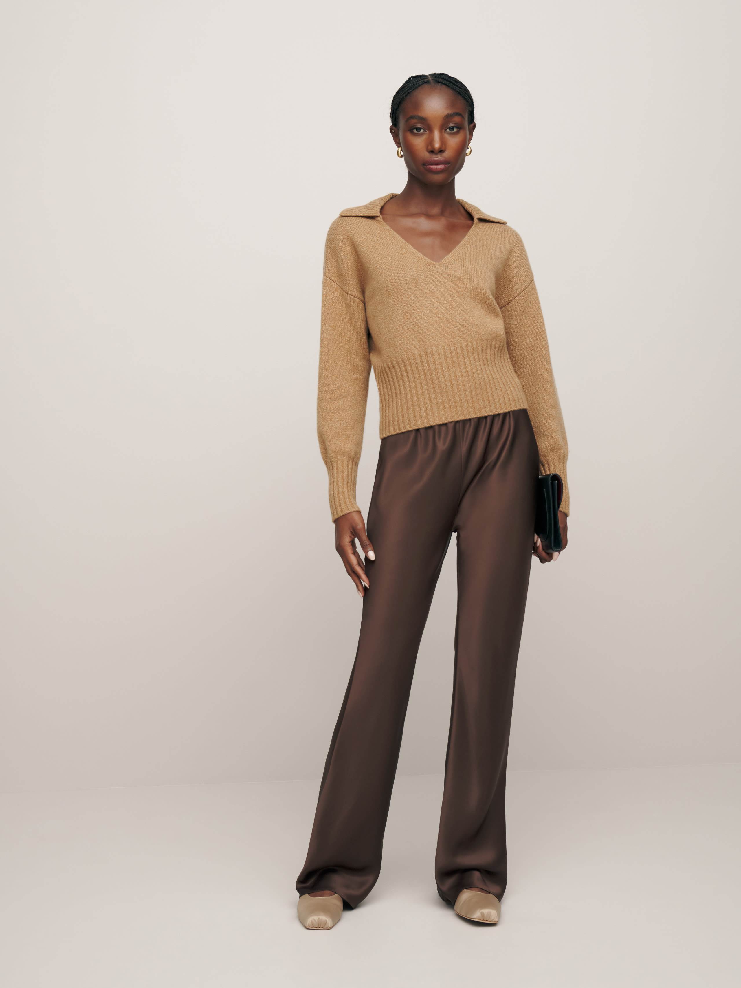 Reformation Petites Gale Satin Mid Rise Bias Pant In Cafe