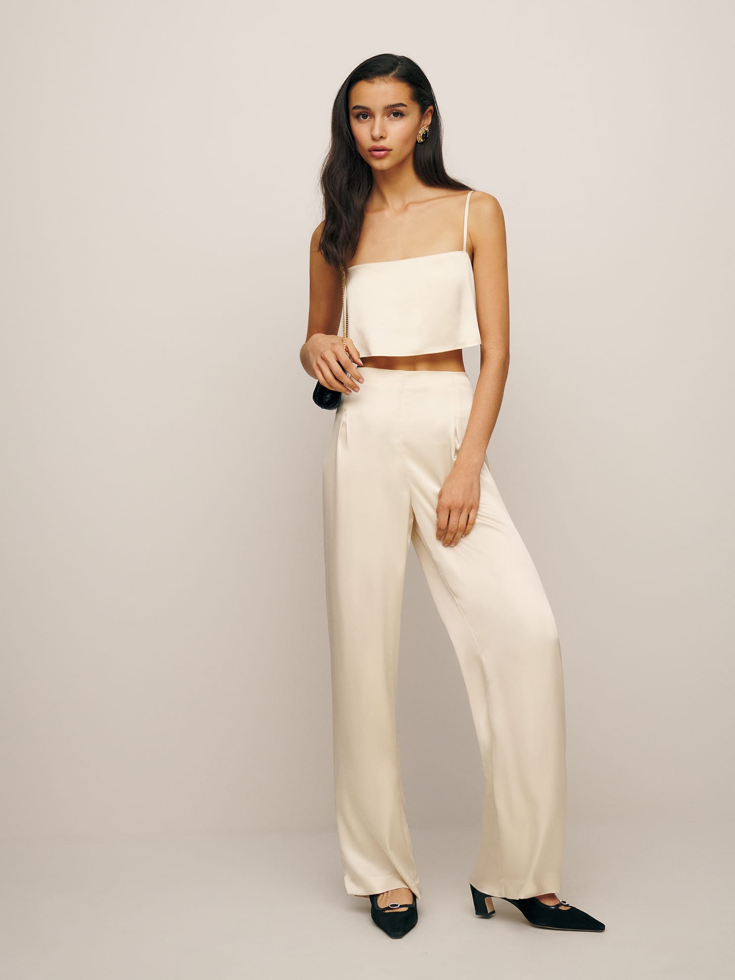 Reformation Cleo Satin Two Piece In Almond