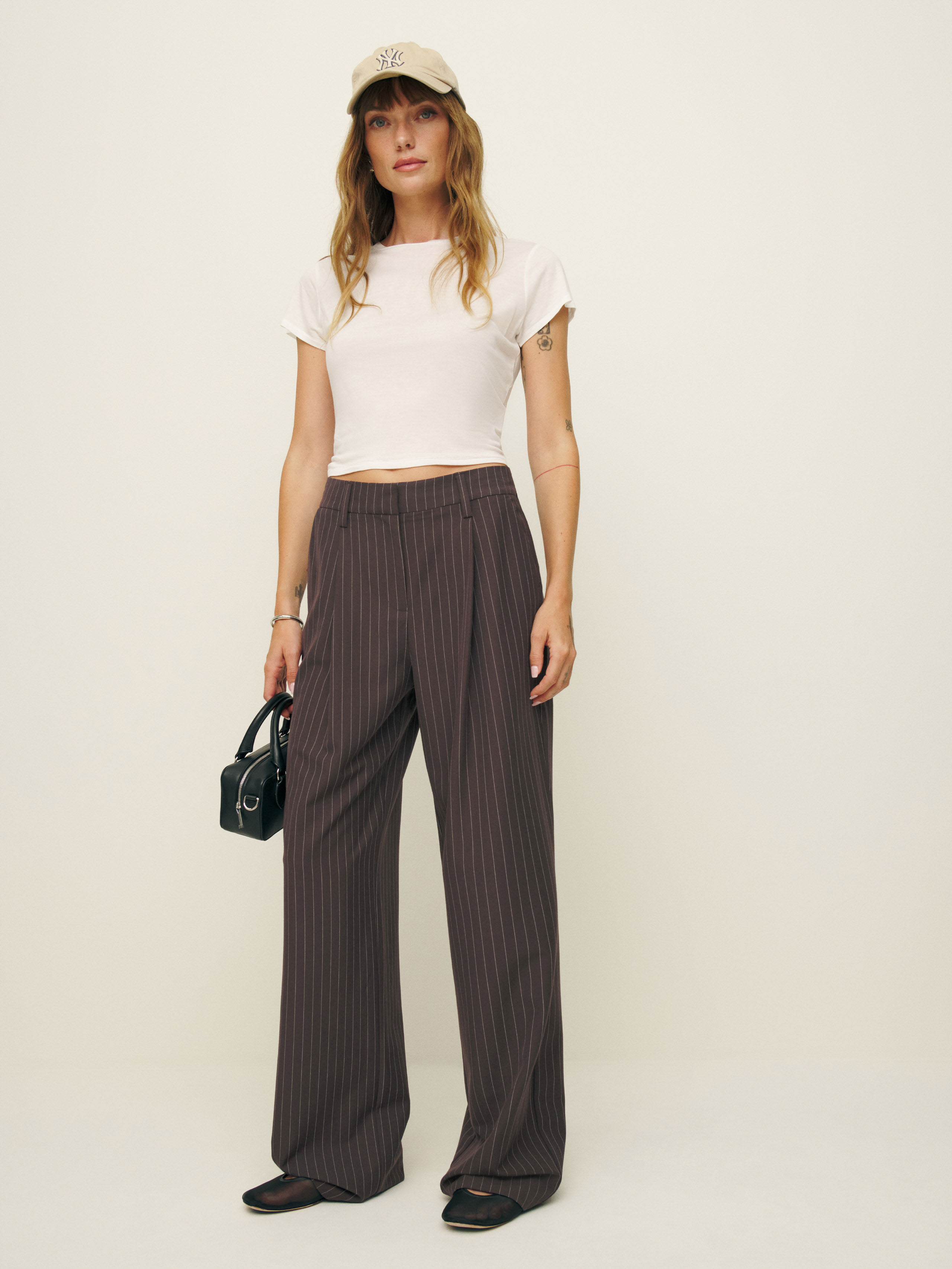 Shop Reformation Alex Mid Rise Pant In Chocolate Stripe