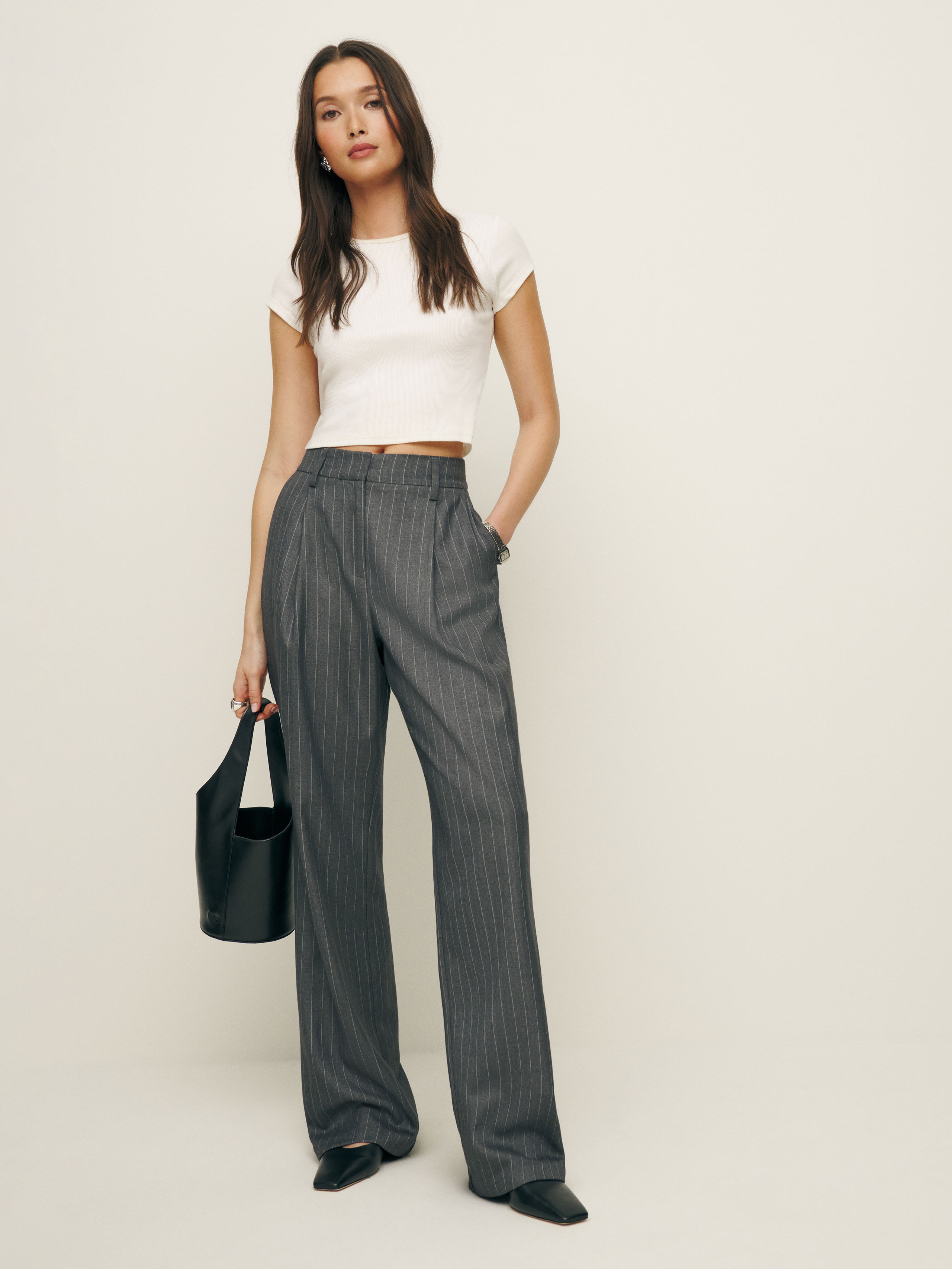 Reformation Alex Trouser In Charcoal Stripe