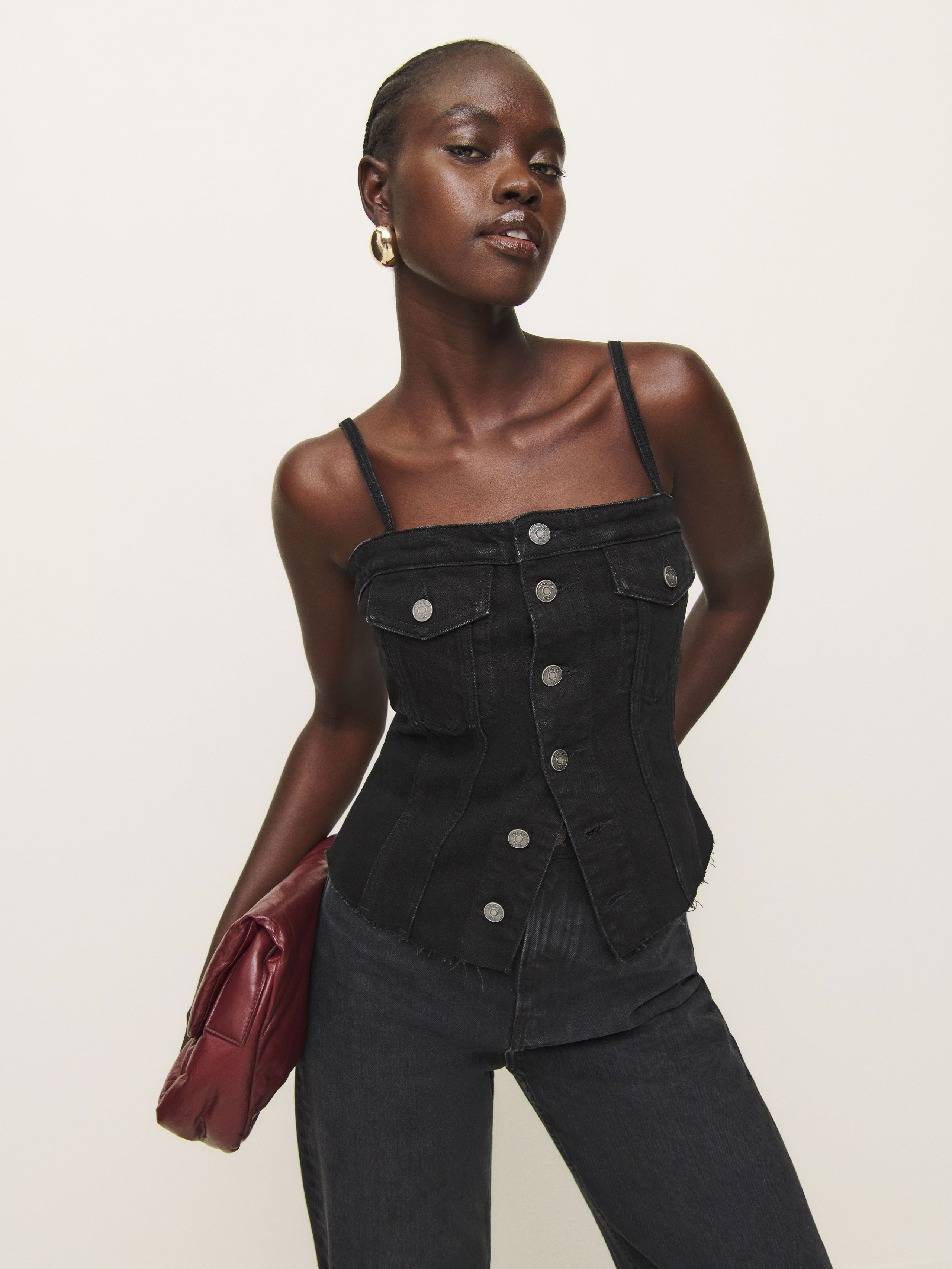 Shop Reformation Coco Denim Bustier Top In Vana