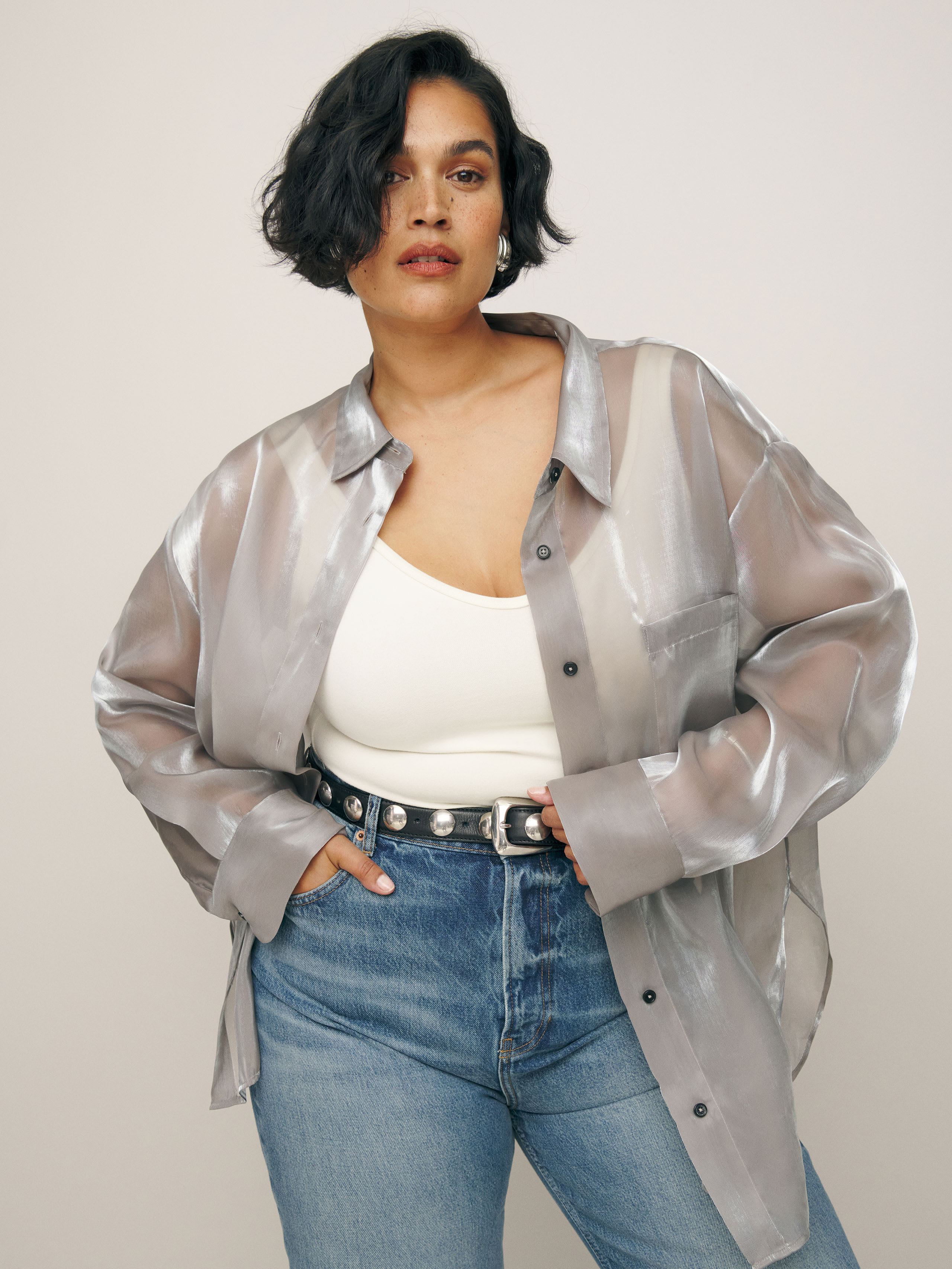 Reformation Will Oversized Sheer Shirt Es In Silver