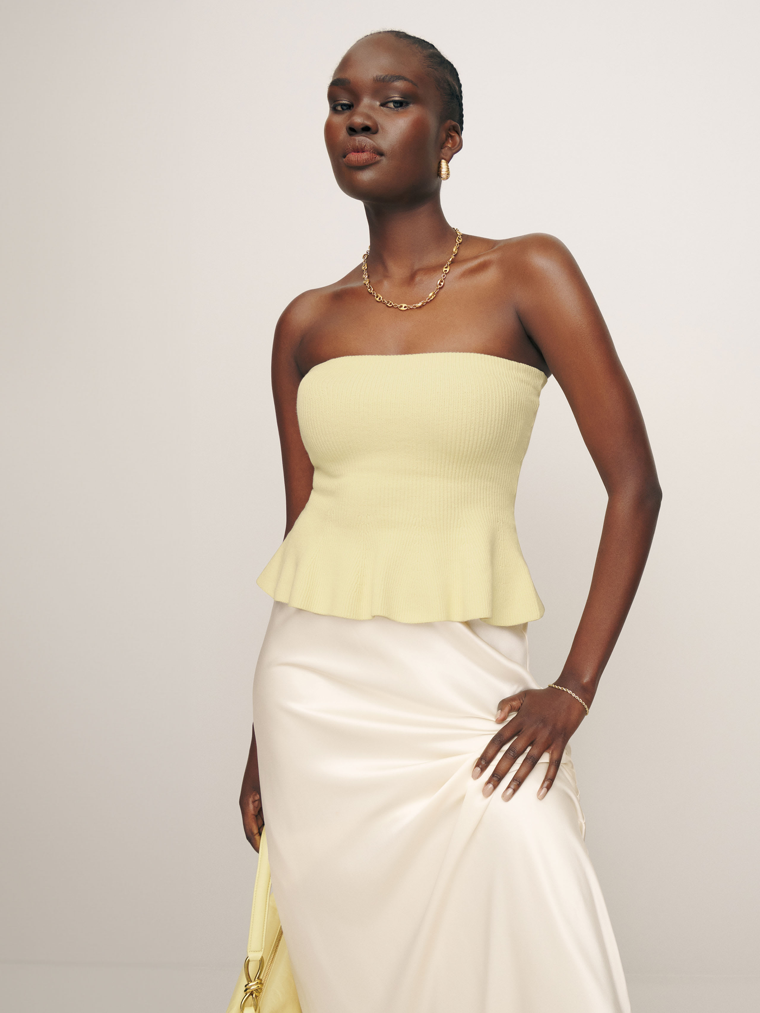 Reformation Sabina Ribbed Strapless Sweater In Lemon Icing