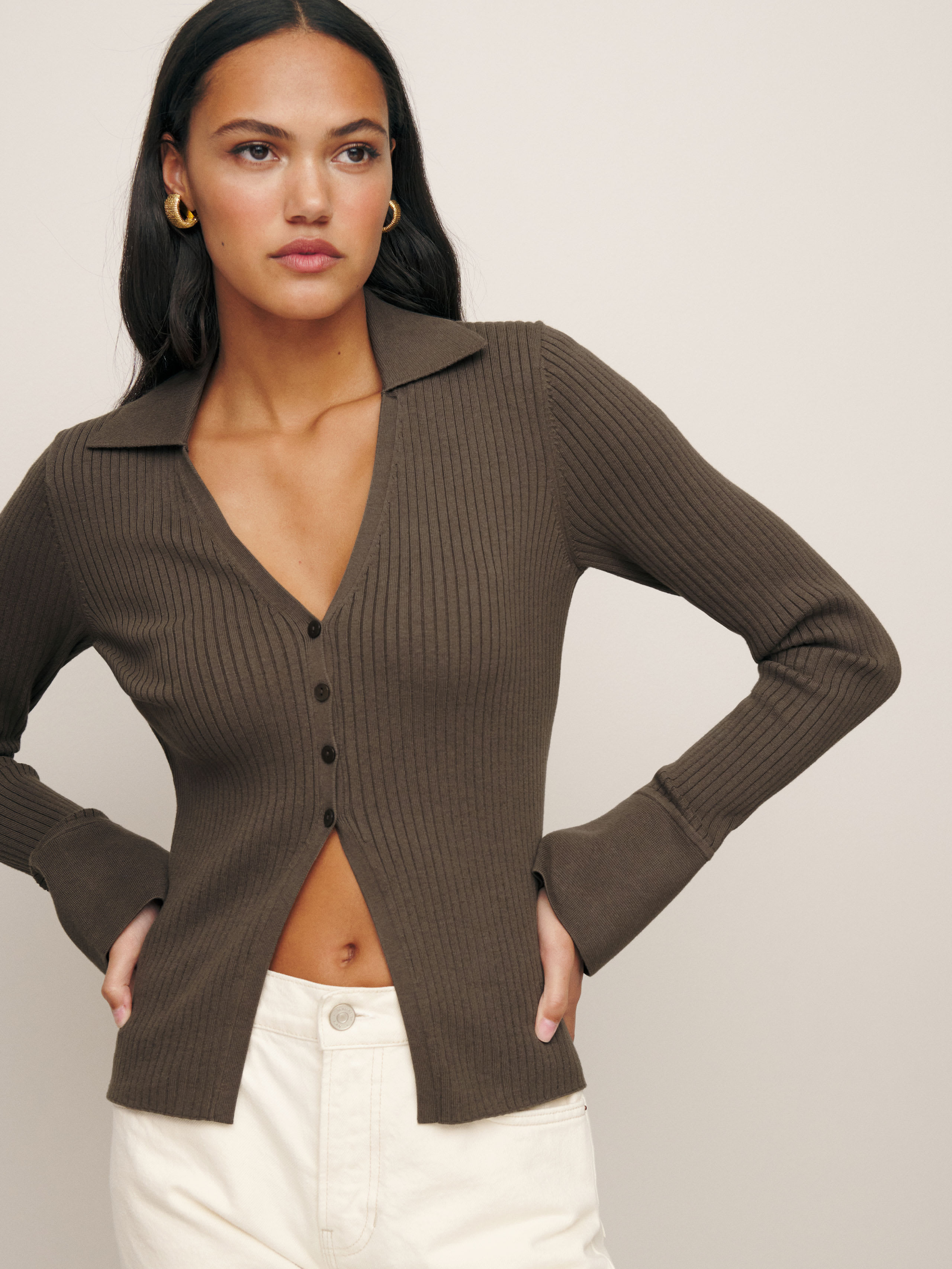 Reformation Valentina Ribbed Open Cardigan In Putty